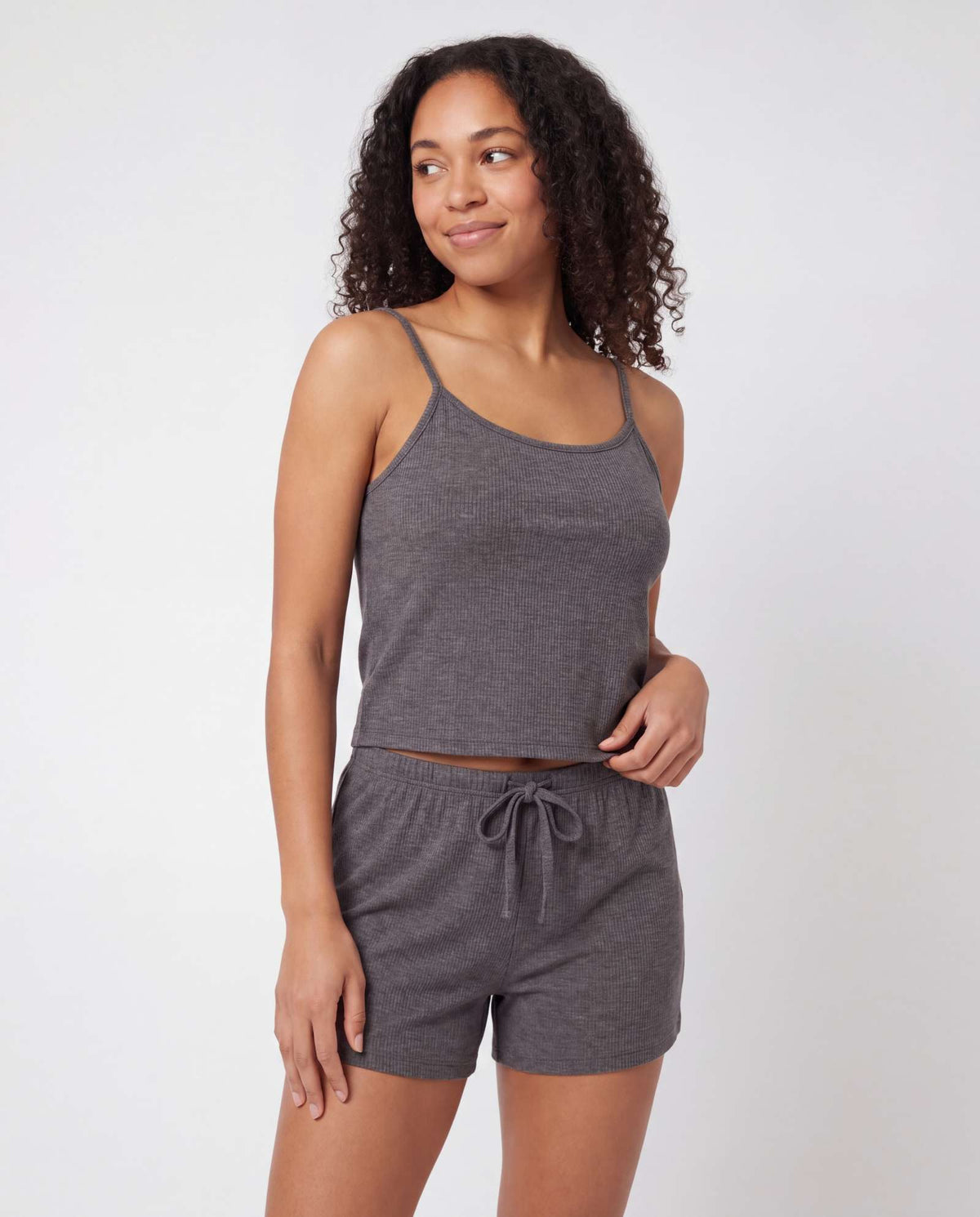 Real Essentials 2 Pack Women's Pajama Sets 2 Piece Ribbed Cropped Cami Shorts Sleepwear PJs - Solid Navy Blazer, Charcoal Heather