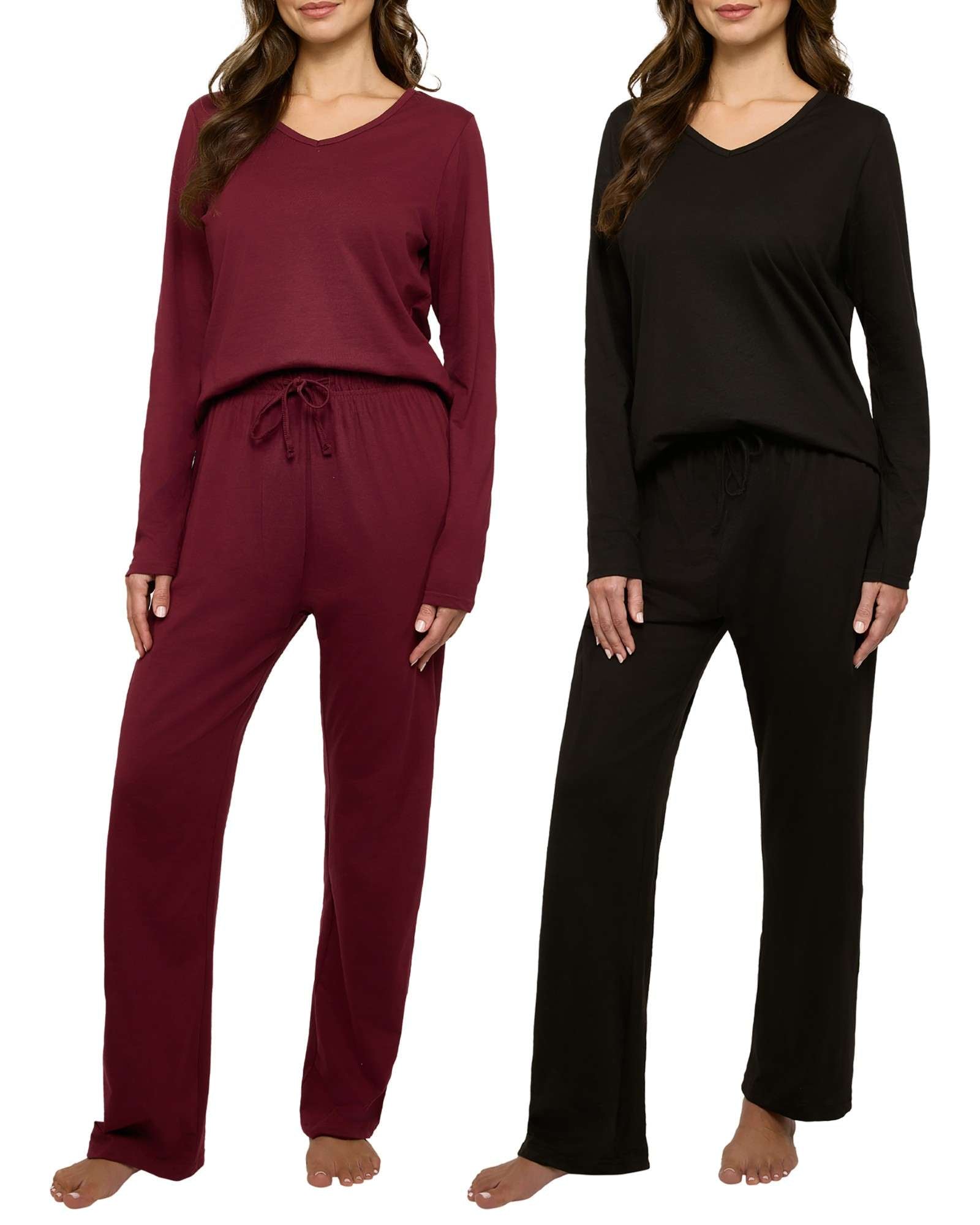 Real Essentials 2 Pack Women's Soft Cotton Long Sleeve Pajama Set with Pants - Lounge Sets for Women (Available In Plus)