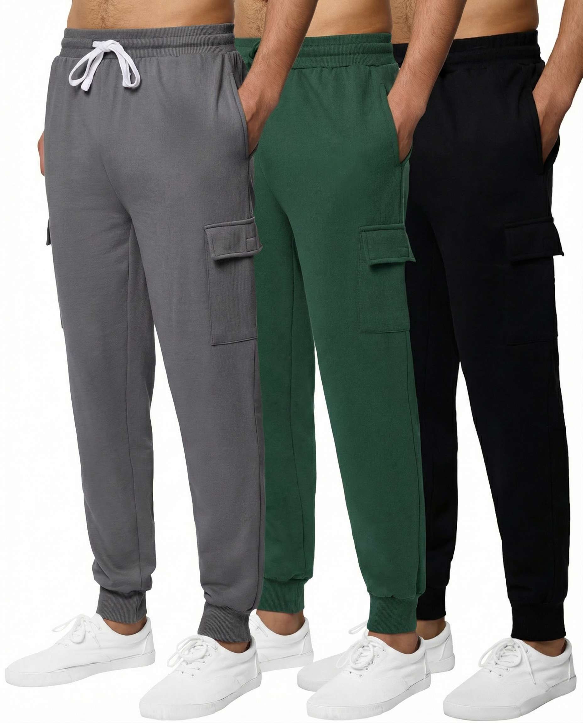 Real Essentials 3 Pack: Men's Cotton Fleece Cargo Jogger Sweatpants with Pockets