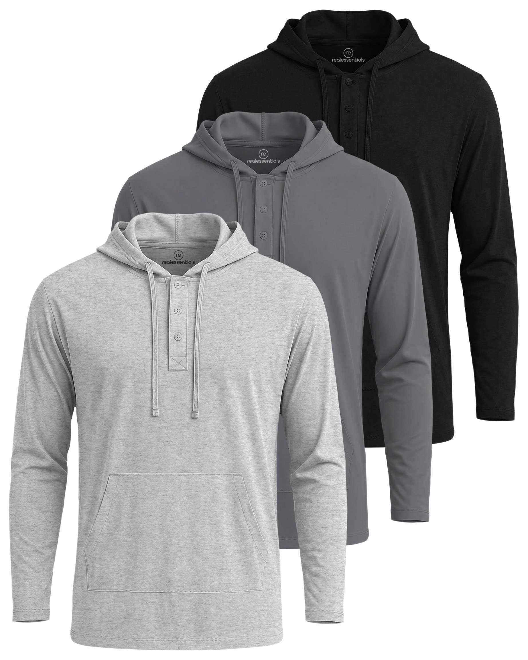 Real Essentials 3 Pack: Men's Cotton Henley Pullover Hoodie Lightweight Casual Long Sleeve Hooded Sweatshirt (Big & Tall)