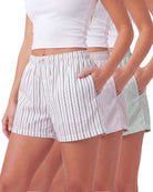 Real Essentials 3 Pack Women's Cotton Pajama Shorts Boxer Lounge Sleepwear PJs with Pockets - Iceberg Green Stripe, Orchid Petal Stripe, Bright White Stripe