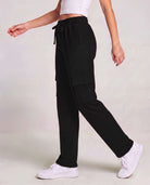 Real Essentials 3 Pack Women's Fleece Cargo Sweatpants Lounge Casual Sweat Pants Pockets - Solid Black, Charcoal Heather, Grey Heather