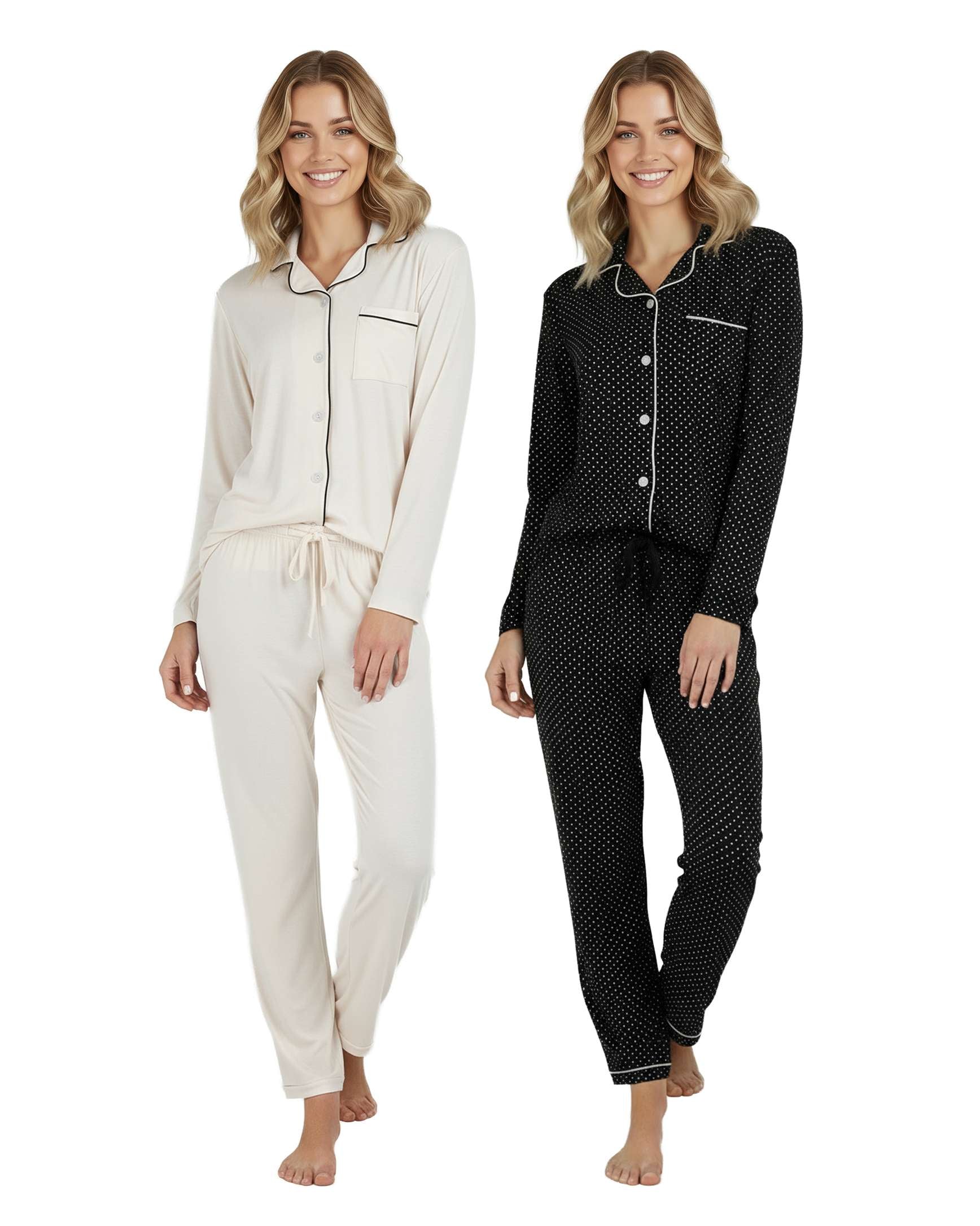 4 Piece: Women’s Long Sleeve Button Down Pajama Set
