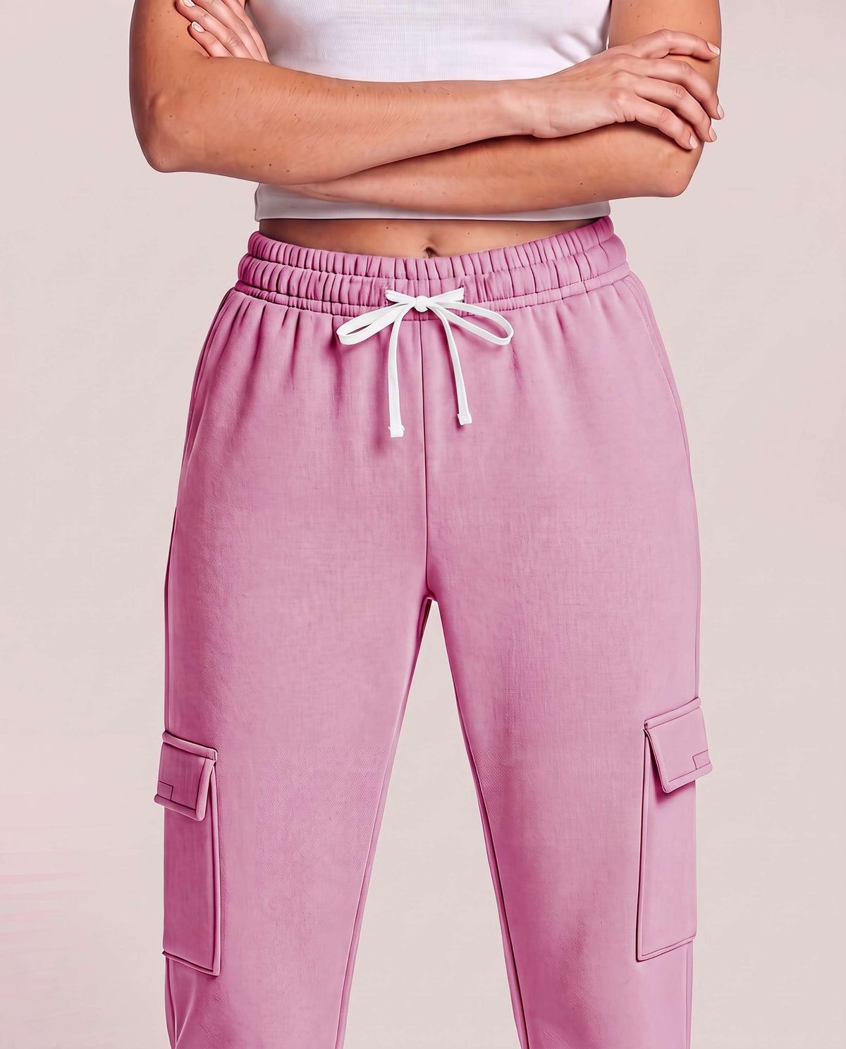 Real Essentials 3 Pack Women's Fleece Cargo Sweatpants Lounge Casual Sweat Pants Pockets - Solid Black, Solid Moonlight Mauve, Grey Heather