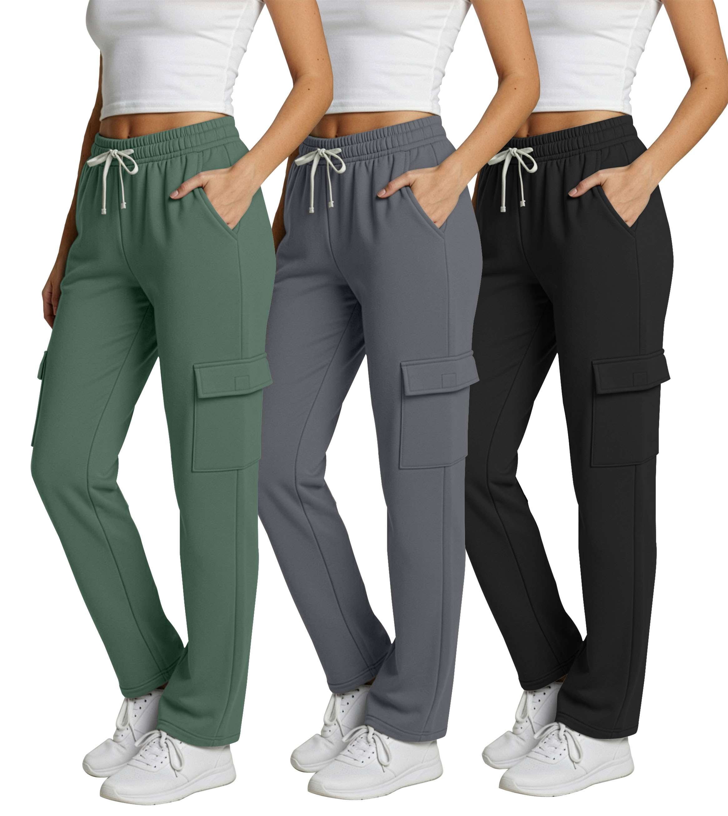 Real Essentials 3 Pack: Women's Fleece Cargo Sweatpants, Open Bottom Lounge & Athletic Casual Pants with Pockets