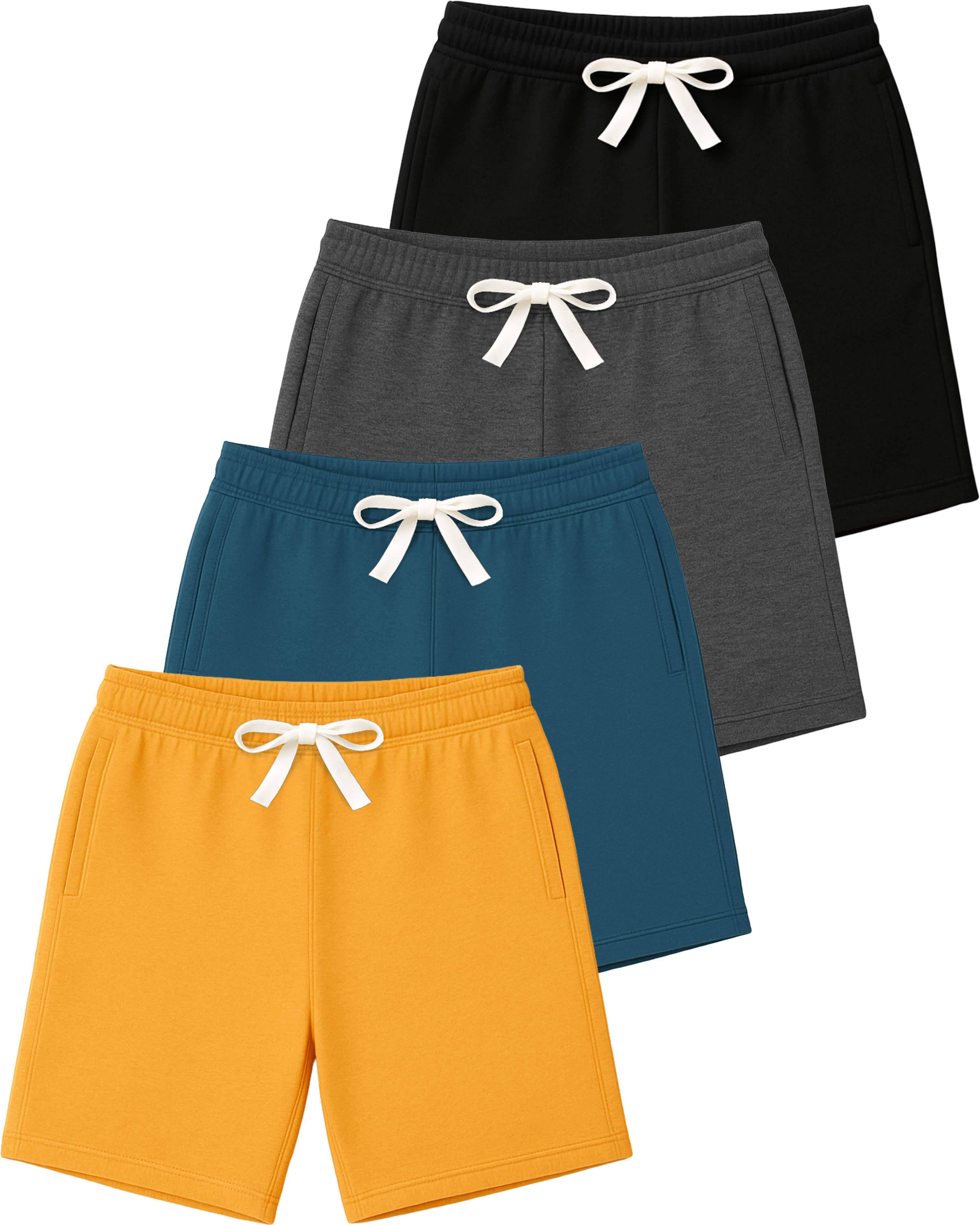 Real Essentials 4 Pack: Boys' Cotton French Terry Shorts with Pockets for Kids Teens Youth - Sleep Casual Lounge (4-18)