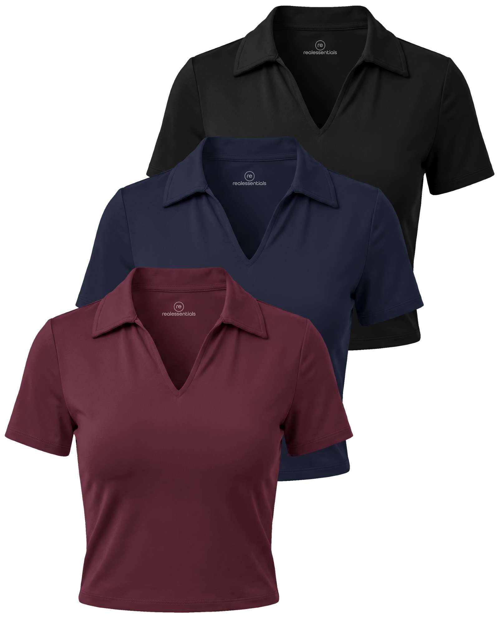 Real Essentials 3 Pack: Women's V Neck Crop Polo Shirts - Short Sleeve Sweater Dry Fit Golf Athletic Workout Collared Tops