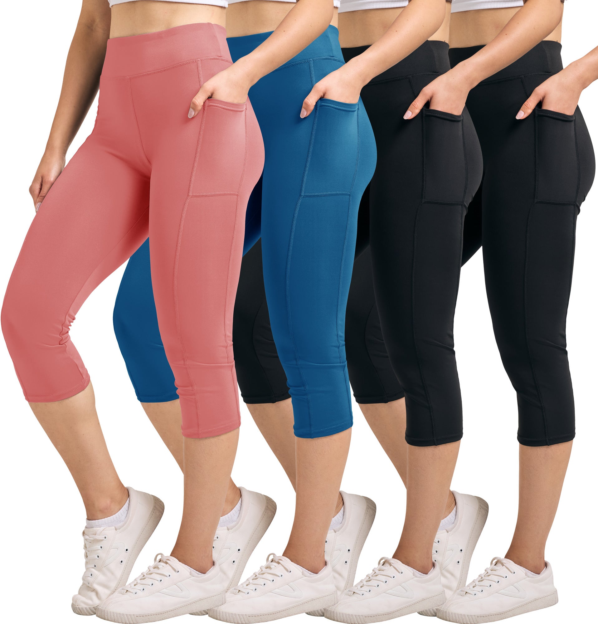 4 Pack: Women's Capri Leggings with Pockets (Available in Plus Size)