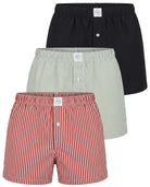 Real Essentials 3 Pack Mens Cotton Pajama Shorts Poplin Woven Lounge Sleep PJs with Pockets - Solid Black, Iceberg Green Stripe, Red Ochre Stripe