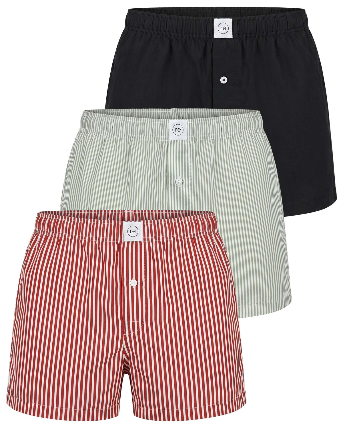 Real Essentials 3 Pack Mens Cotton Pajama Shorts Poplin Woven Lounge Sleep PJs with Pockets - Solid Black, Iceberg Green Stripe, Red Ochre Stripe