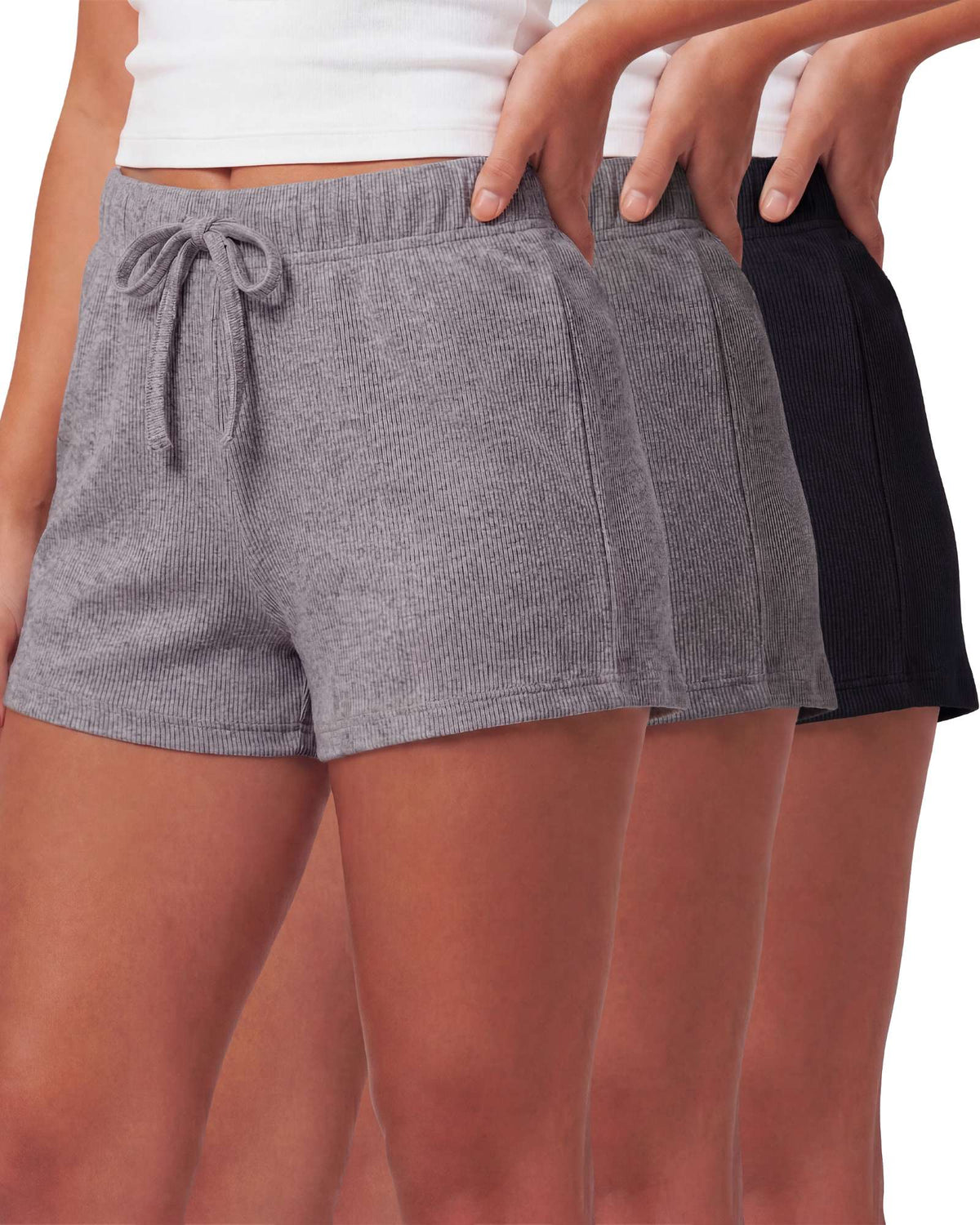 Real Essentials 3 Pack Women's Cotton Pajama Shorts Lounge Sleep Comfy Cute Casual Knit PJ - Solid Black, Solid Quiet Shade, Grey Heather, Solid Bright White