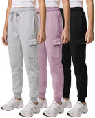 Real Essentials 3 Pack Girls Fleece Cargo Joggers Sweatpants Kids Pants Teen Girl Athletic - Solid Black, Solid Fragrant Lilac, Grey Heather