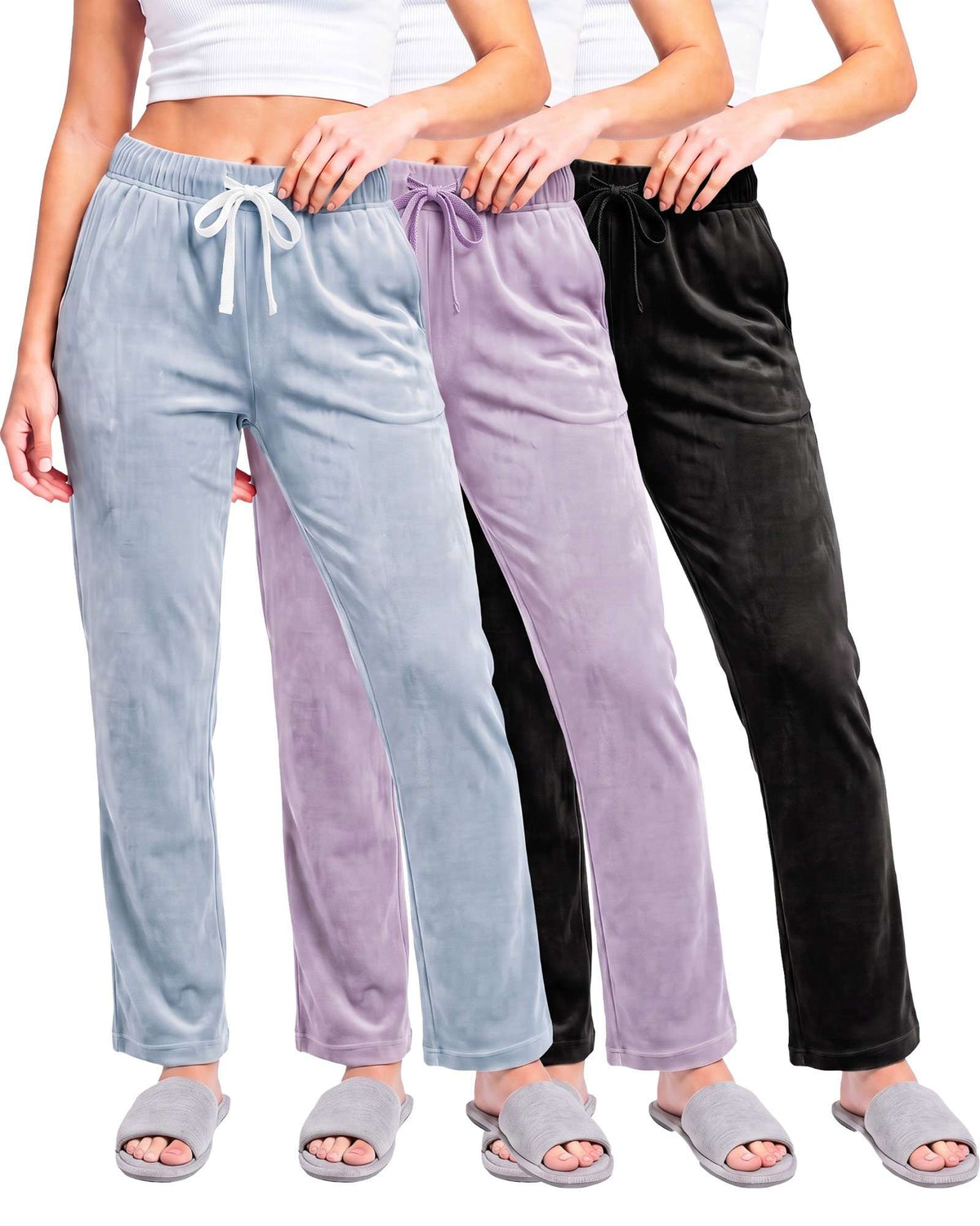 Real Essentials 3 Pack Women Velvet Straight Leg Pants Velour Sweatpants Cozy Lounge Soft - Solid Black, Solid Orchid Petal, Solid Ballad Blue