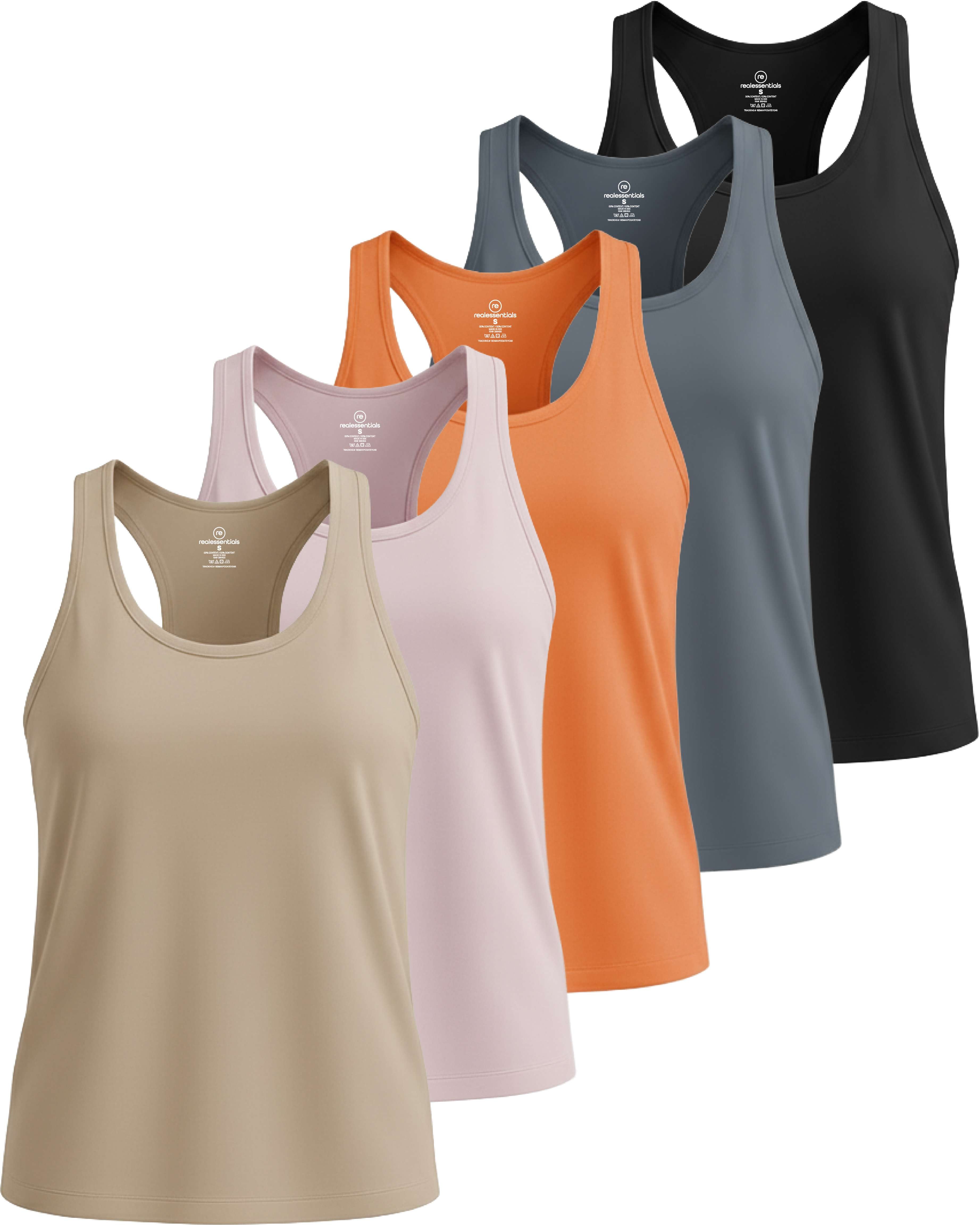Real Essentials 5 Pack: Women's Dry Fit Tank Top - Racerback Sleeveless Workout Athletic Gym Shirt (Available in Plus)