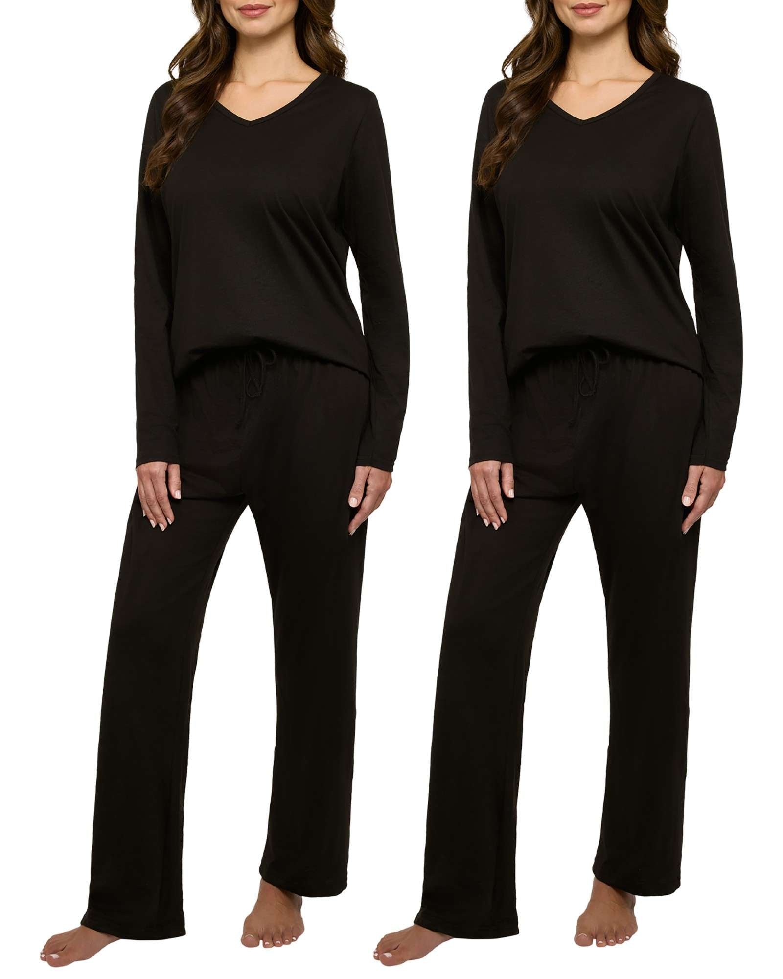 Real Essentials 2 Pack Women's Soft Cotton Long Sleeve Pajama Set with Pants - Lounge Sets for Women (Available In Plus)