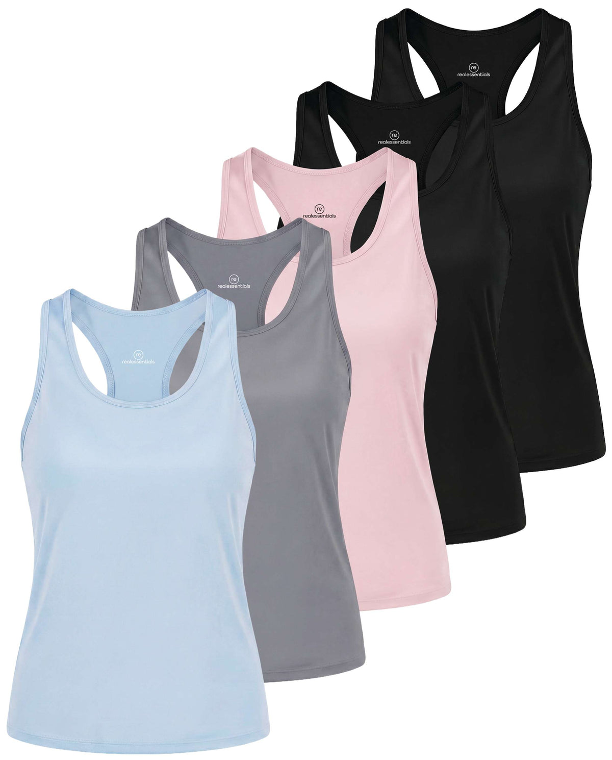 Real Essentials 5 Pack Women's Racerback Crop Tank Tops Dry Fit Workout Athletic Gym Yoga - Solid Black, Solid Black, Solid Pale Lilac, Solid Ultimate Grey, Solid Ballad Blue