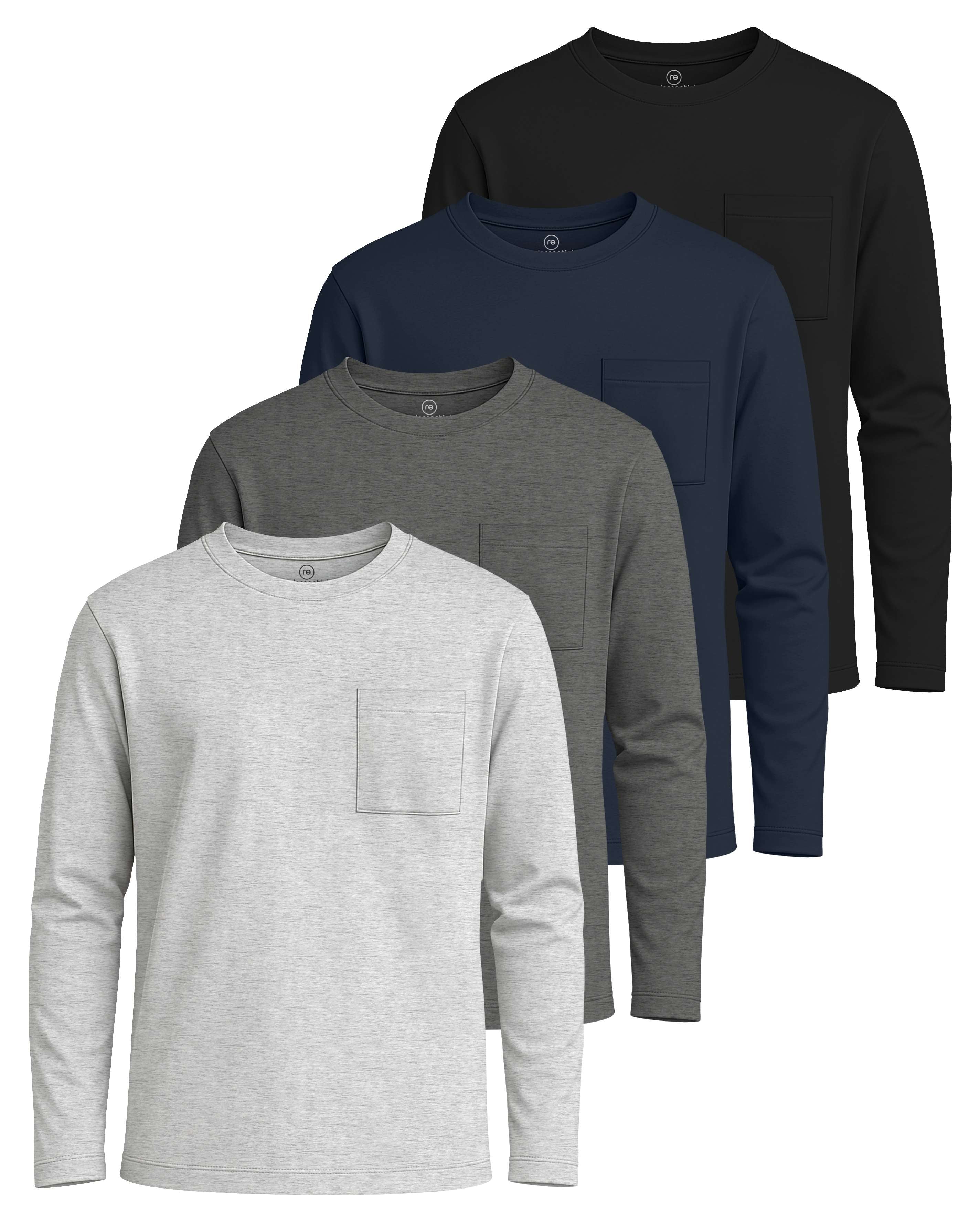 Real Essentials 4 Pack: Boys' Cotton Jersey Long Sleeve T-Shirt with Pocket - Kids Teens Youth Crew Neck Tee Top (Ages 4-16)