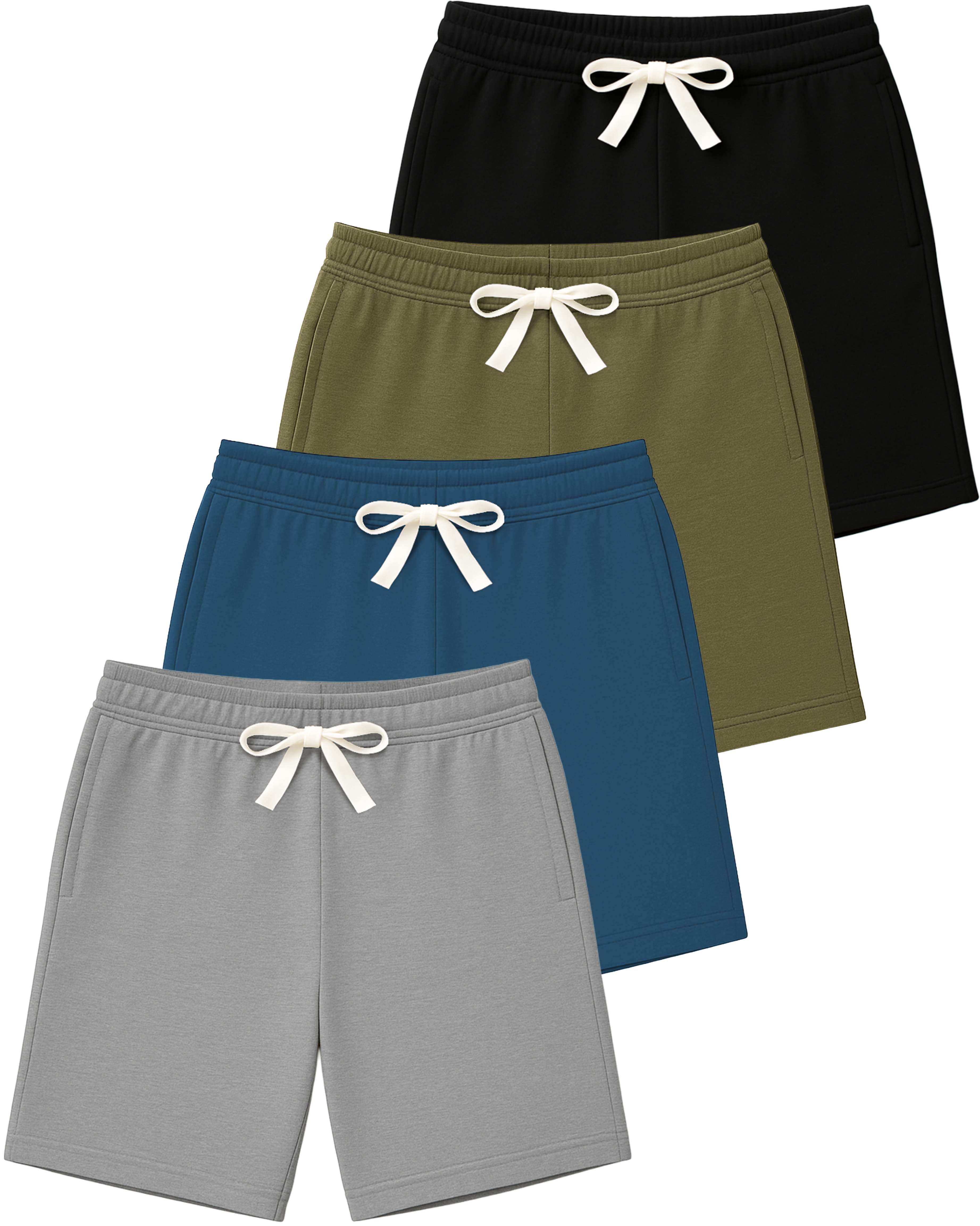 Real Essentials 4 Pack: Boys' Cotton French Terry Shorts with Pockets for Kids Teens Youth - Sleep Casual Lounge (4-18)
