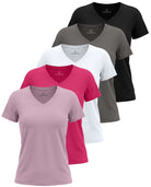 Real Essentials 5 Pack Women's V Neck Tshirts Short Sleeve Dry Fit Workout Tops Tees Shirts - Solid Black, Charcoal, Solid Bright White, Solid Raspberry Sorbet, Solid Fragrant Lilac