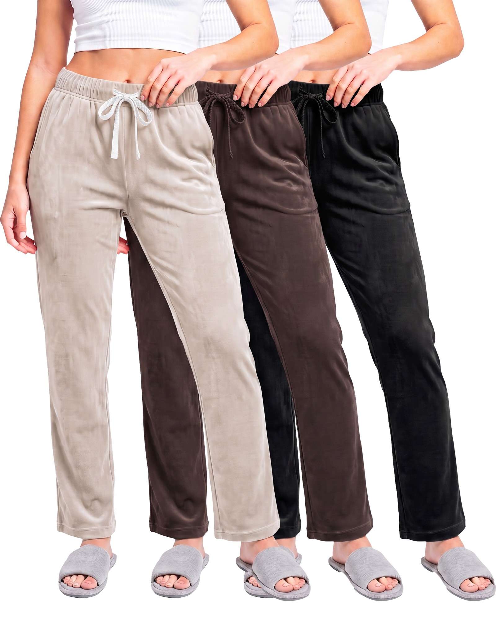 Real Essentials 3 Pack Women Velvet Straight Leg Pants Velour Sweatpants Cozy Lounge Soft - Solid Black, Solid Chocolate Torte, Solid Moonbeam