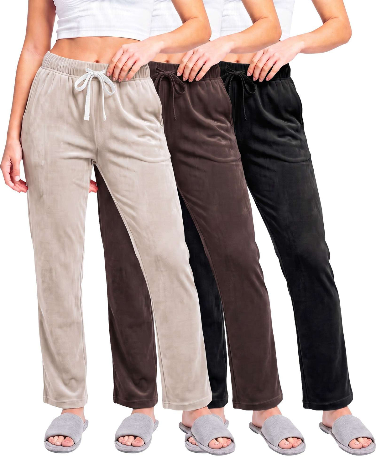 Real Essentials 3 Pack Women Velvet Straight Leg Pants Velour Sweatpants Cozy Lounge Soft - Solid Black, Solid Chocolate Torte, Solid Moonbeam
