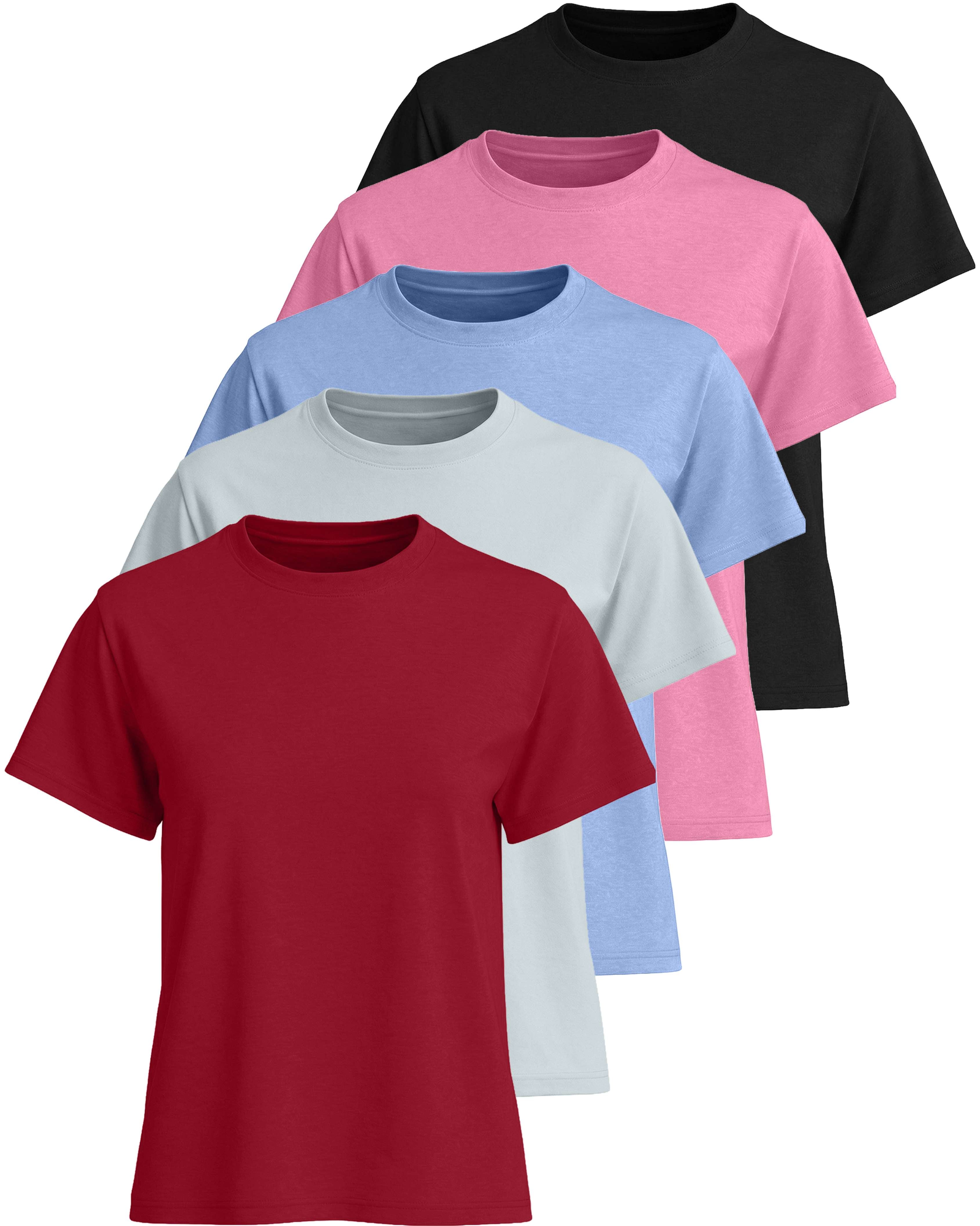 Real Essentials 5 Pack: Women’s 100% Cotton Relaxed Fit Short Sleeve T-Shirts Fashion Trendy Tees (Available in Plus Size)