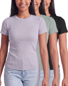Real Essentials 3 Pack Women's Cotton Ribbed Tshirts Short Sleeve Crew Neck Tees Basic Tops - Solid Black, Solid Iceberg Green, Solid Orchid Petal
