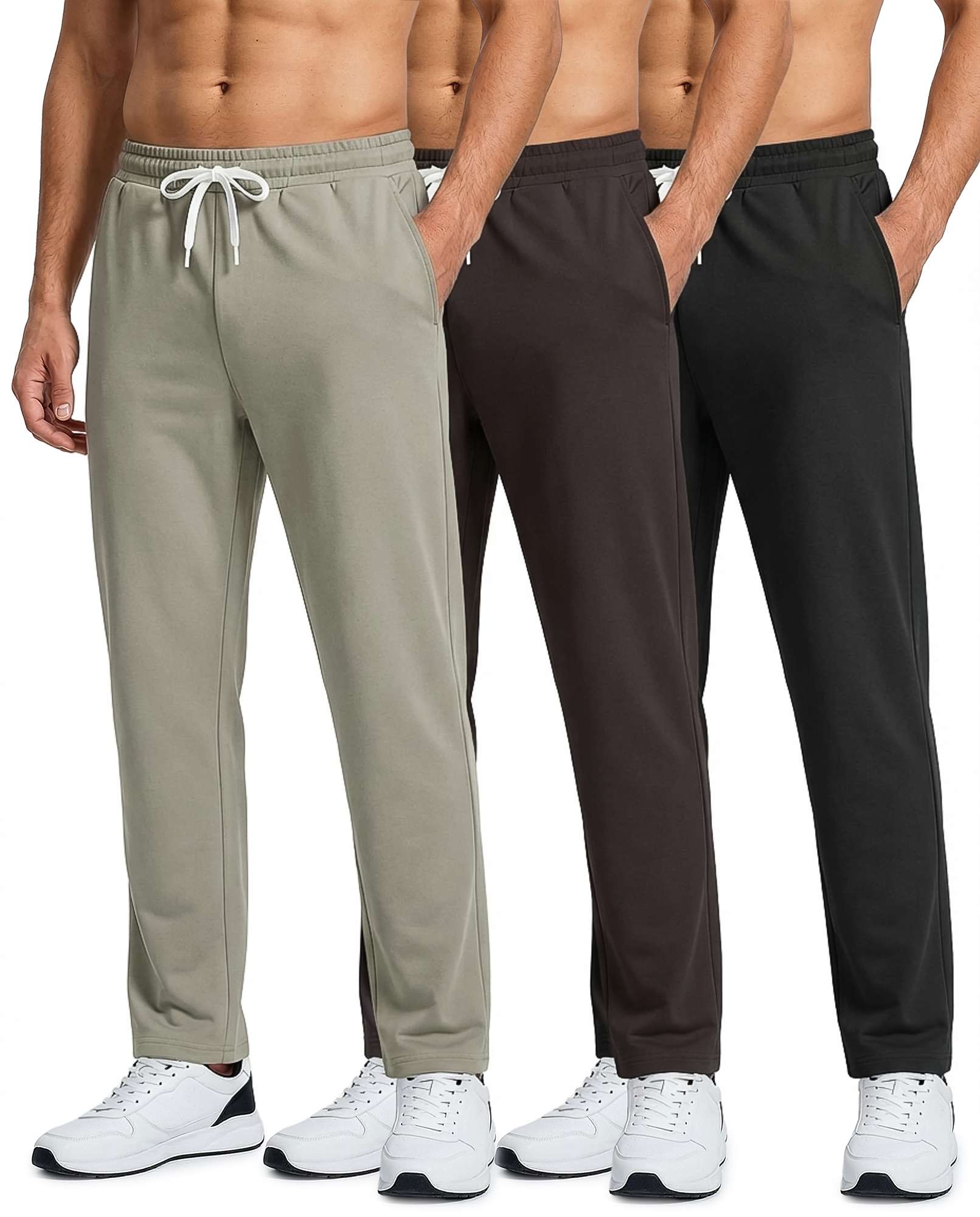 Real Essentials 3 Pack: Men's French Terry Open Bottom Sweatpants - Casual Lounge Comfort Gym with Pockets