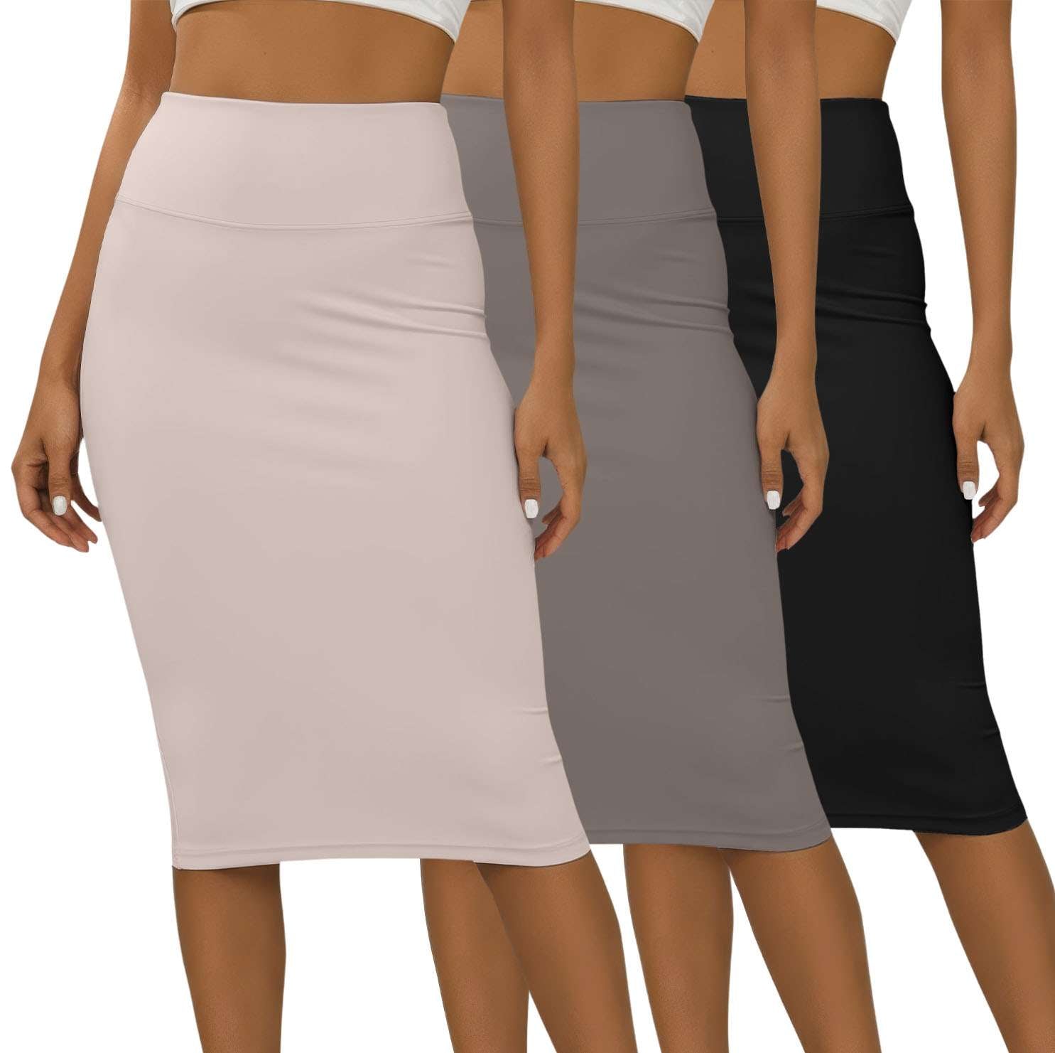 Real Essentials 3 Pack: Womens Soft Midi Skirt – High Waisted Pencil Work Office Business Casual Skirts with Back Slit Plus