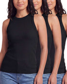 Real Essentials 3 Pack Women's Cotton Ribbed Tank Tops Sleeveless Crew Neck Basic Layering - Solid Black, Solid Black, Solid Black