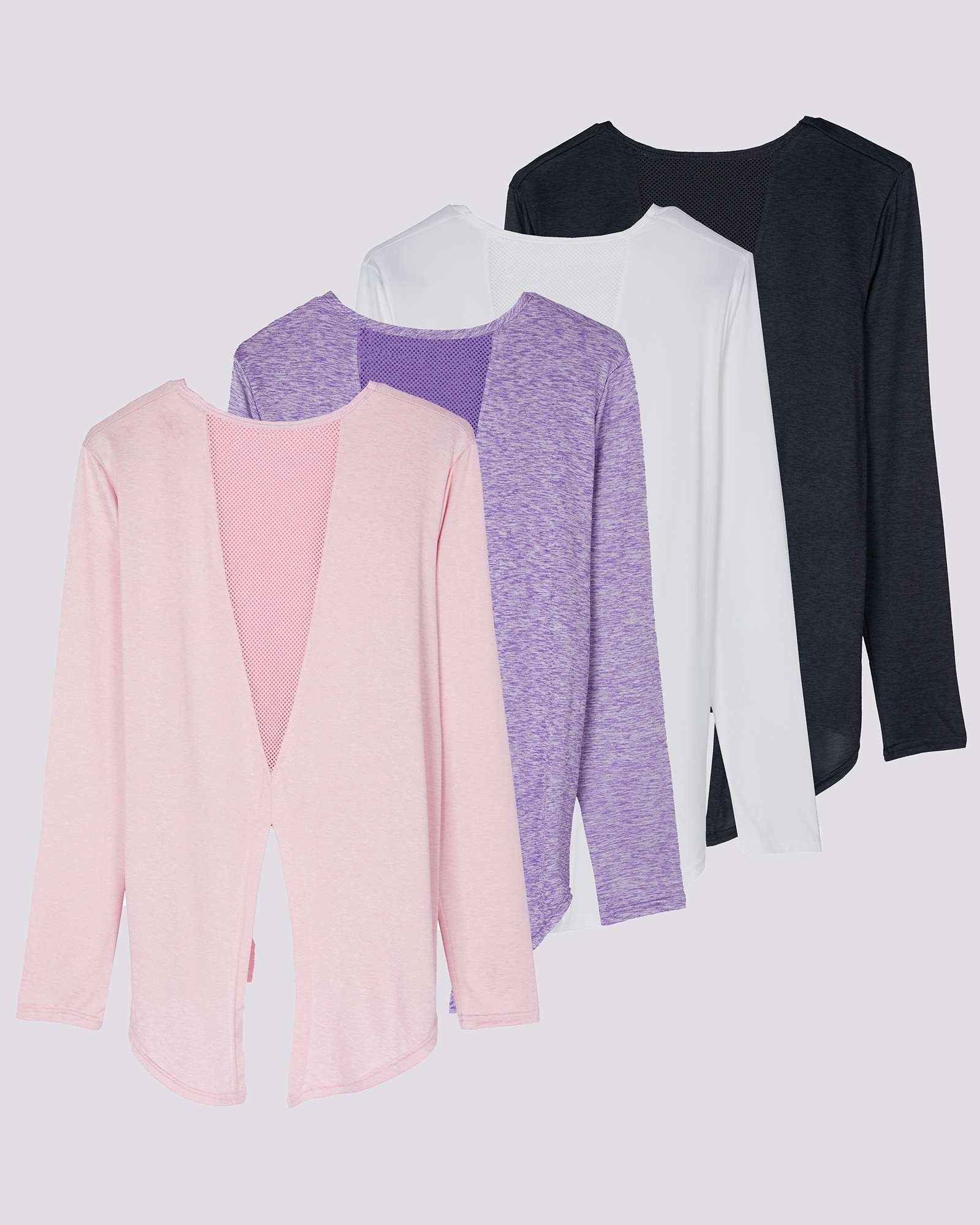 4 Pack: Women's Long-Sleeve Mesh Insert Tie Back Shirt (Available in Plus Size)