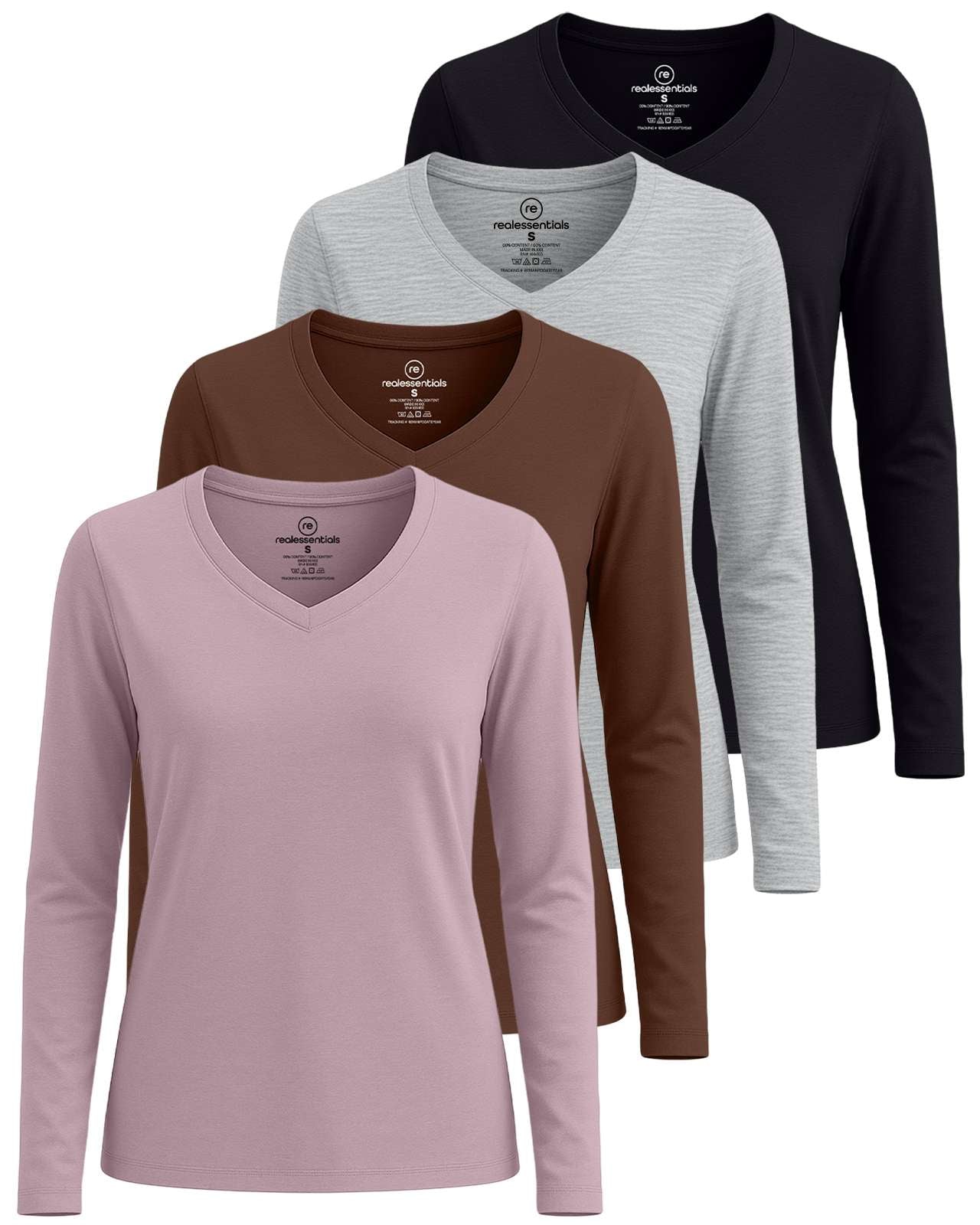 Real Essentials 4 Pack: Women’s Cotton Long Sleeve V-Neck T-Shirts – Soft Casual Lounge Tee Tops (Available in Plus)