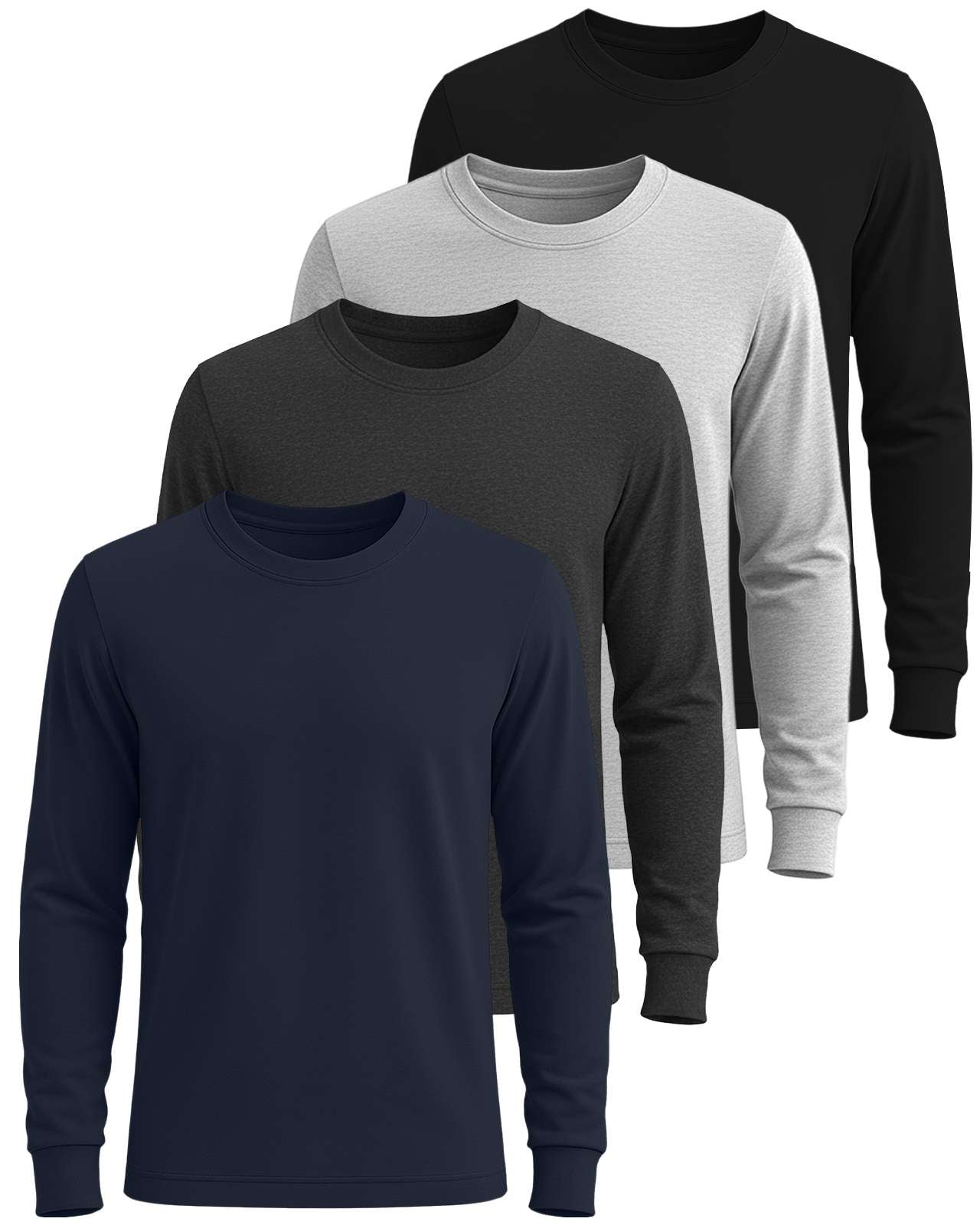 Real Essentials 4 Pack: Men's Cotton Long Sleeve Crew Neck T-Shirt - Soft Work Casual Jersey Tees