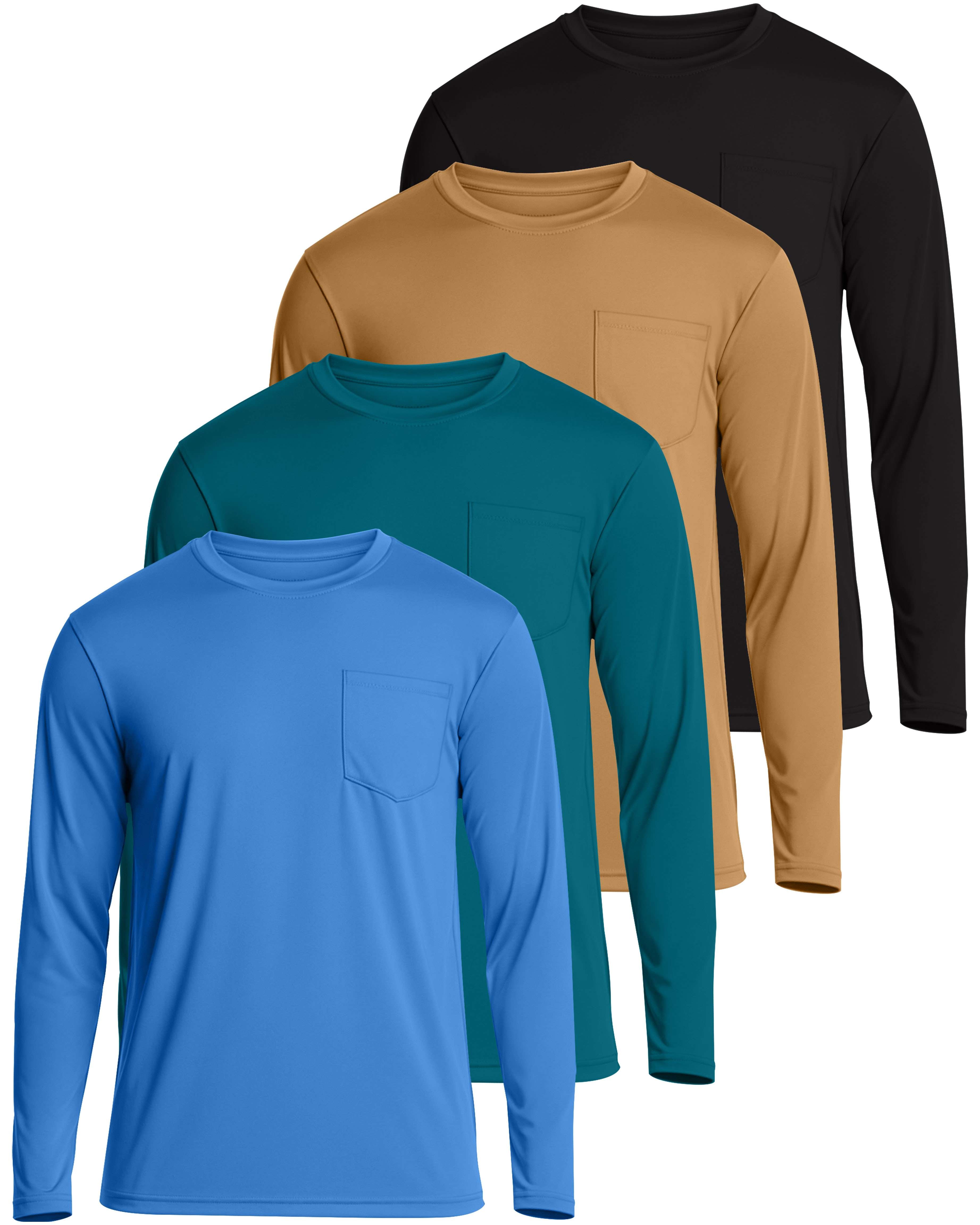 4 Pack: Mens Dry-Fit Long Sleeve Pocket Crew T-Shirt