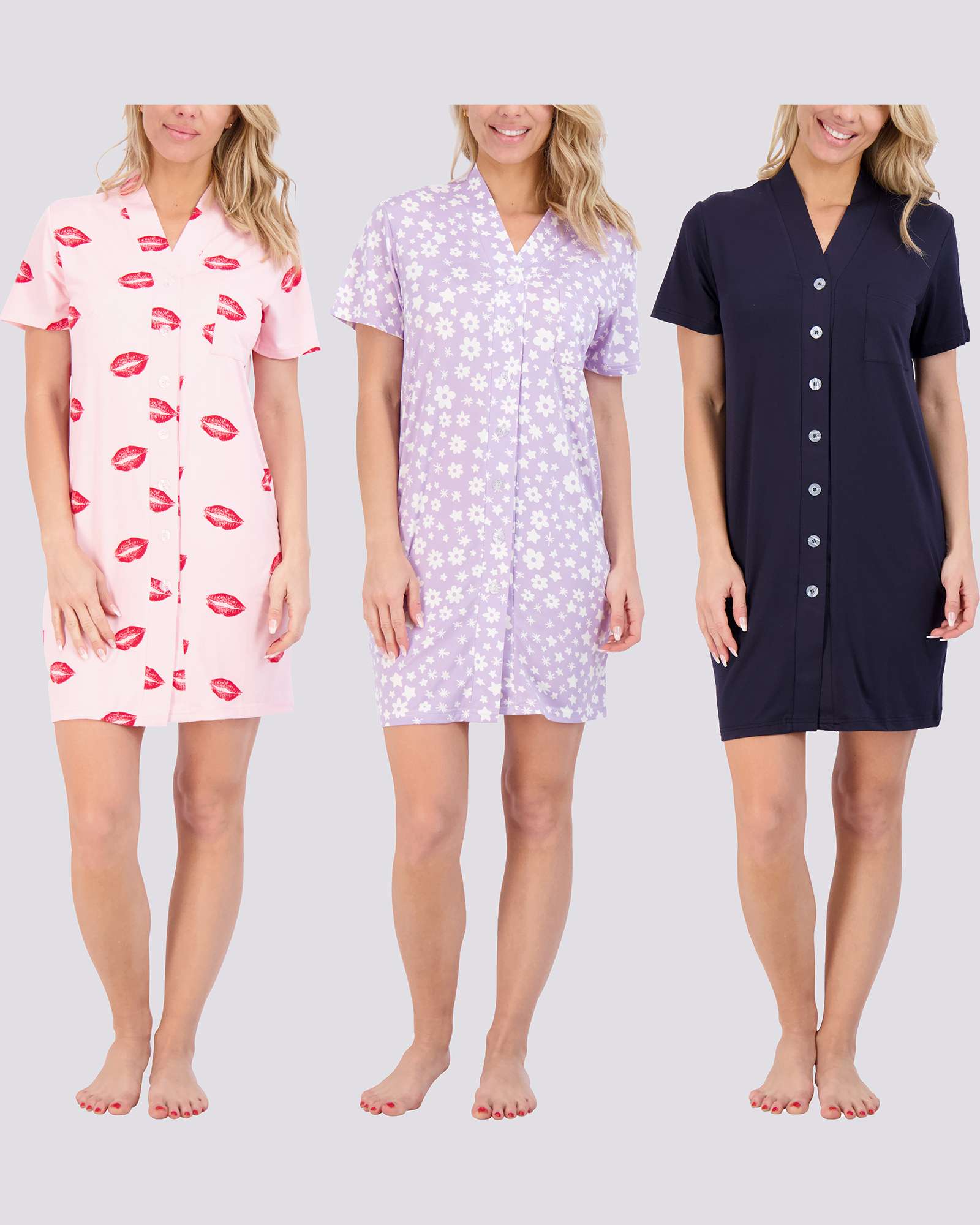 3 Pack: Women's Short Sleeve Button-Down Nightshirt