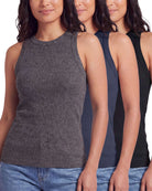 Real Essentials 3 Pack Women's Cotton Ribbed Tank Tops Sleeveless Crew Neck Basic Layering - Solid Black, Solid Navy Blazer, Charcoal Heather