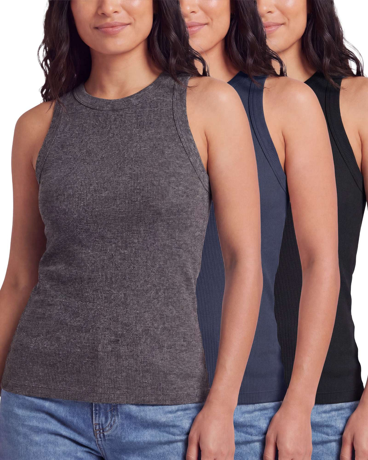 Real Essentials 3 Pack Women's Cotton Ribbed Tank Tops Sleeveless Crew Neck Basic Layering - Solid Black, Solid Navy Blazer, Charcoal Heather