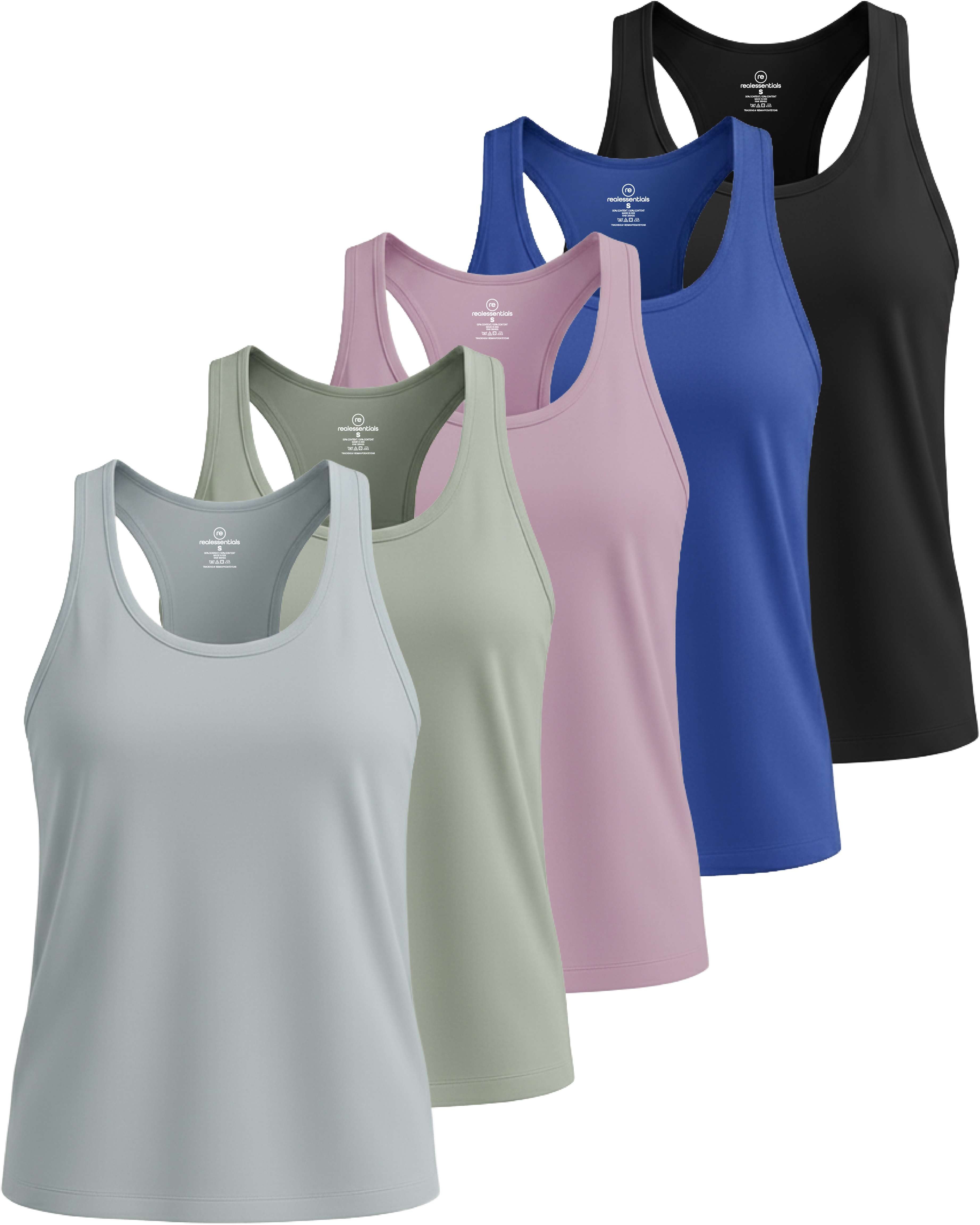 Real Essentials 5 Pack: Women's Dry Fit Tank Top - Racerback Sleeveless Workout Athletic Gym Shirt (Available in Plus)