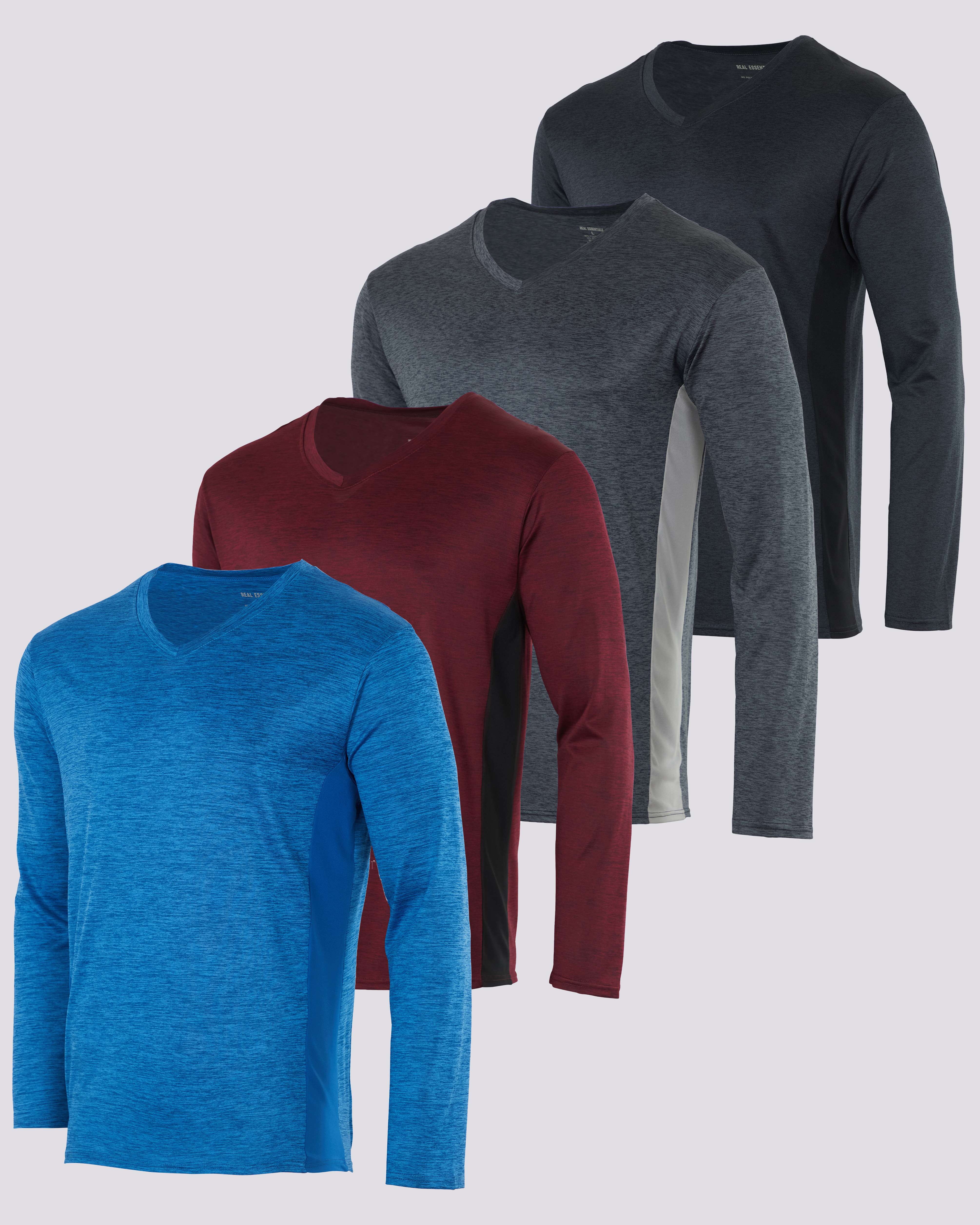 4 Pack: Mens V-Neck Long Sleeve Dry Fit T-Shirt
