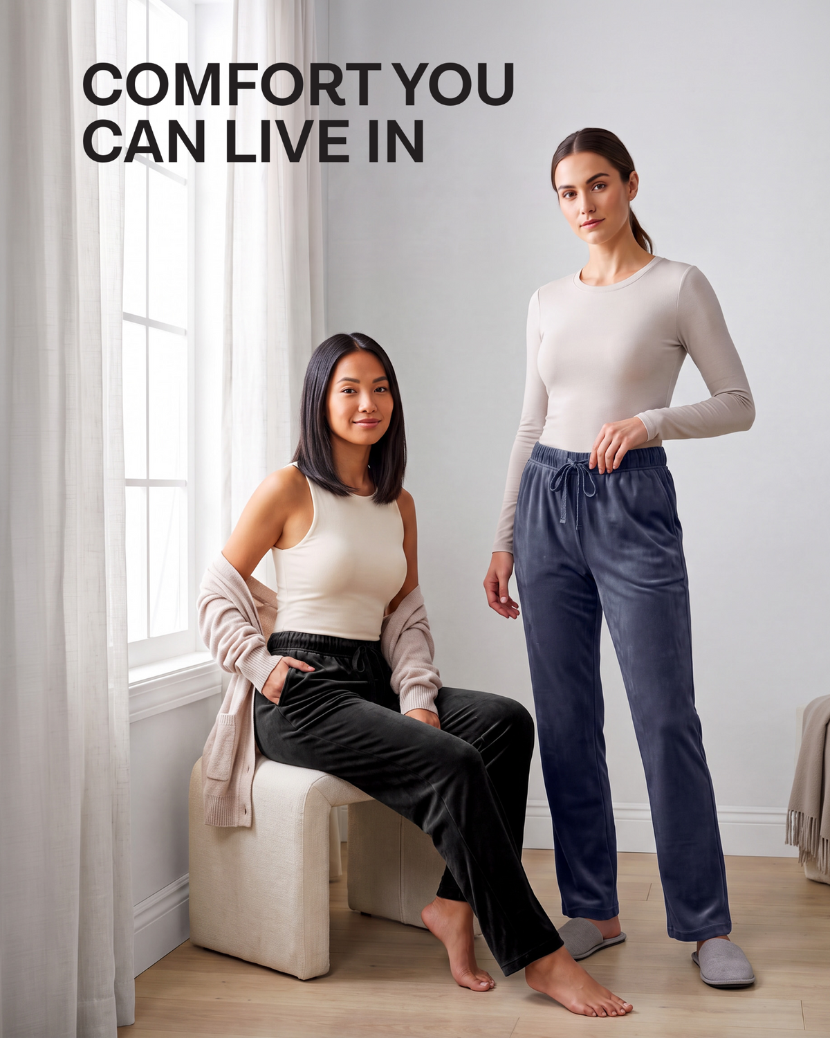 Real Essentials 3 Pack Women Velvet Straight Leg Pants Velour Sweatpants Cozy Lounge Soft - Solid Black, Solid Navy Blazer, Solid Ultimate Grey