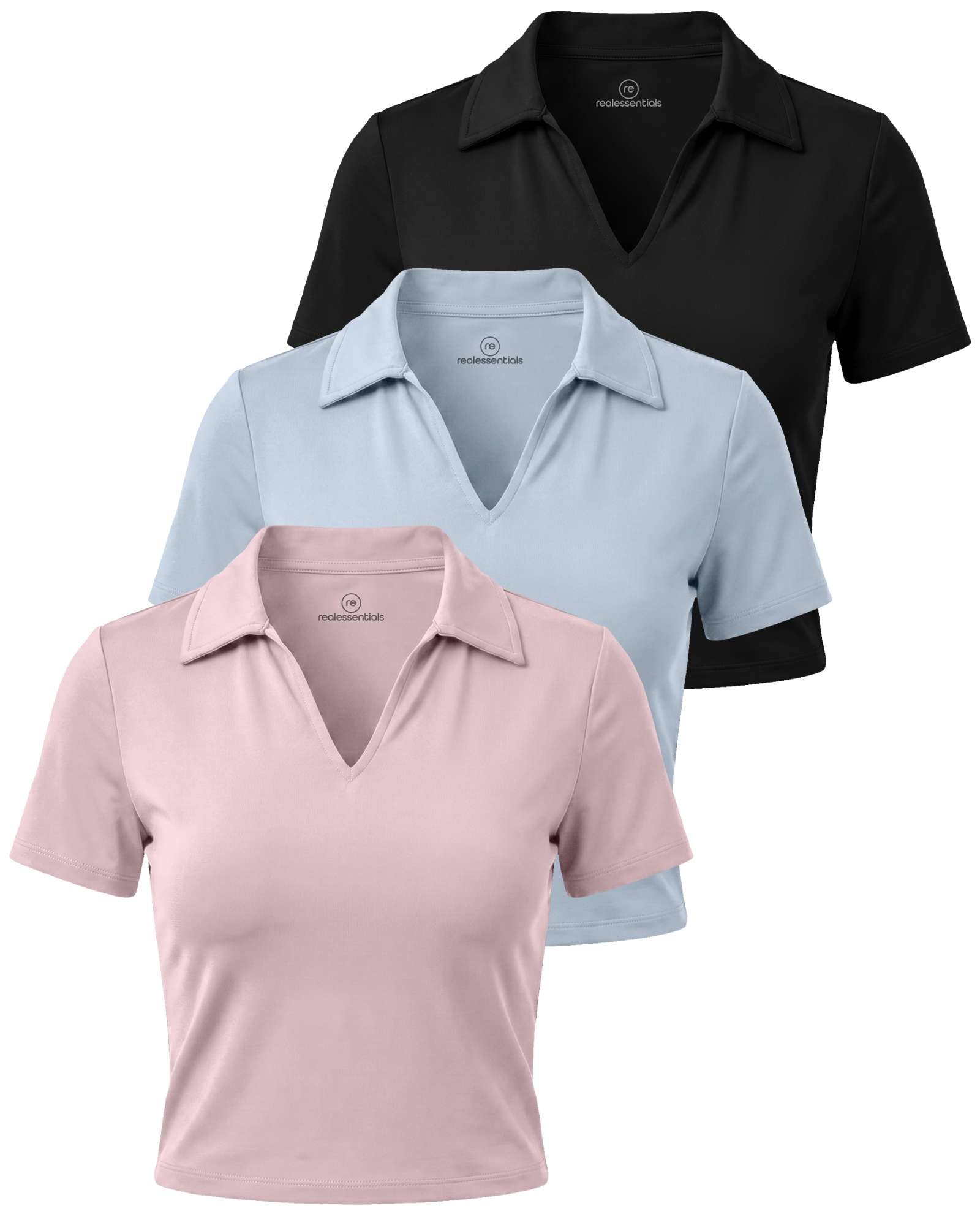 Real Essentials 3 Pack: Women's V Neck Crop Polo Shirts - Short Sleeve Sweater Dry Fit Golf Athletic Workout Collared Tops