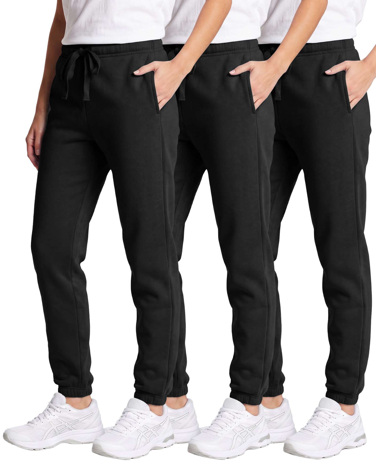 Real Essentials 3 Pack Girls' Cotton Fleece Joggers Sweatpants Kids Teens Pants Sweats - Solid Black, Solid Black, Solid Black