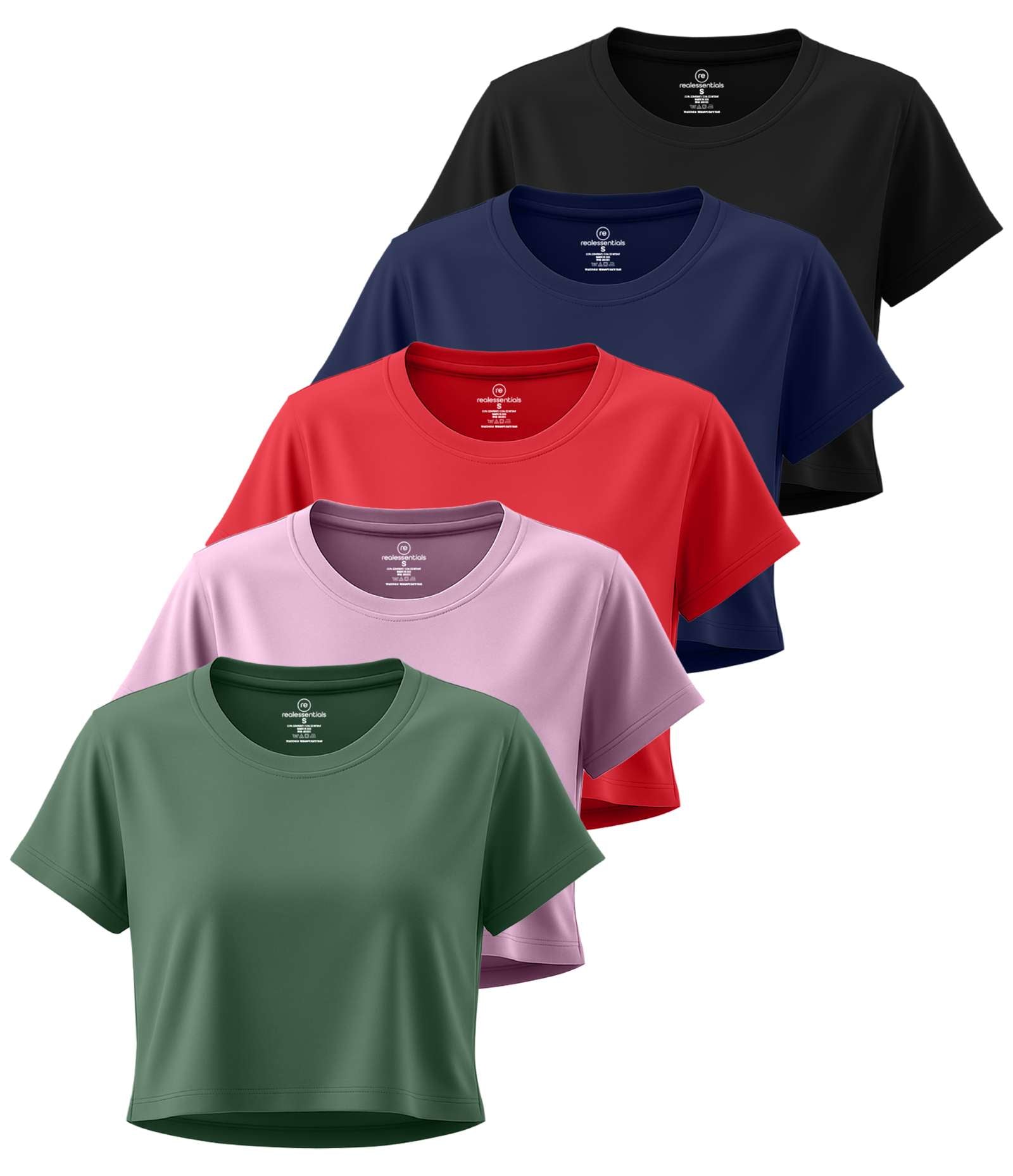 Real Essentials 5 Pack Women's Dry Fit Crop Top Workout T Shirts Short Sleeve Athletic Gym - Set 9
