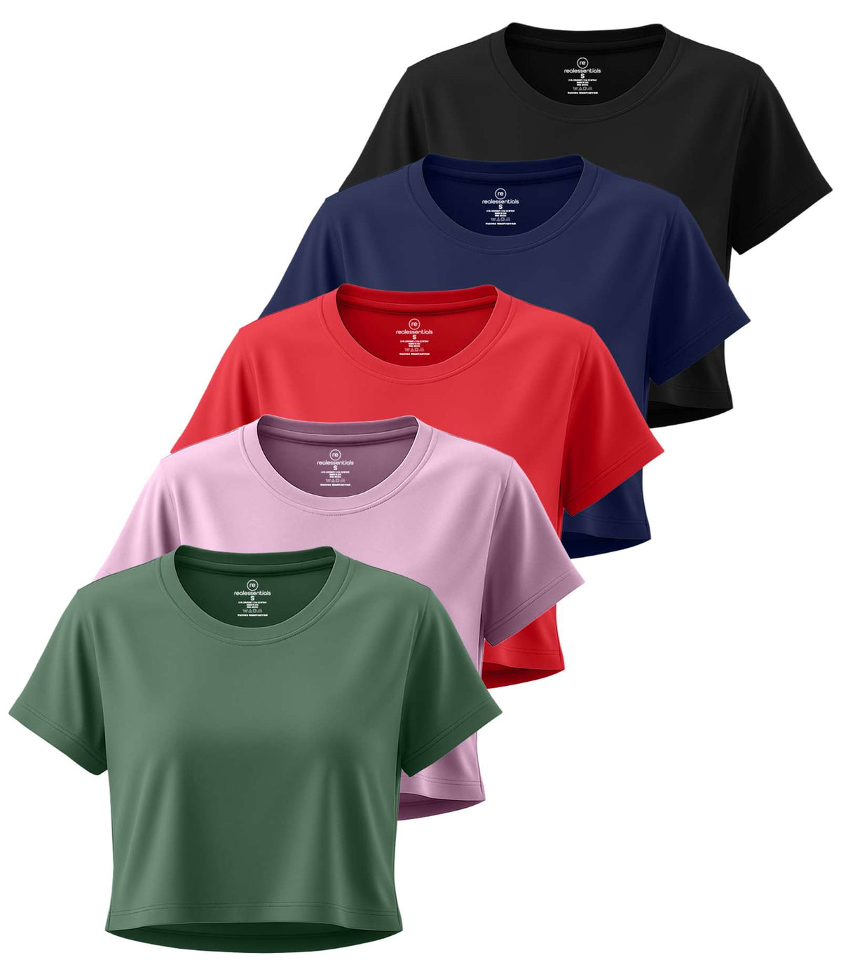 Real Essentials 5 Pack Women's Dry Fit Crop Top Workout T Shirts Short Sleeve Athletic Gym - Set 9