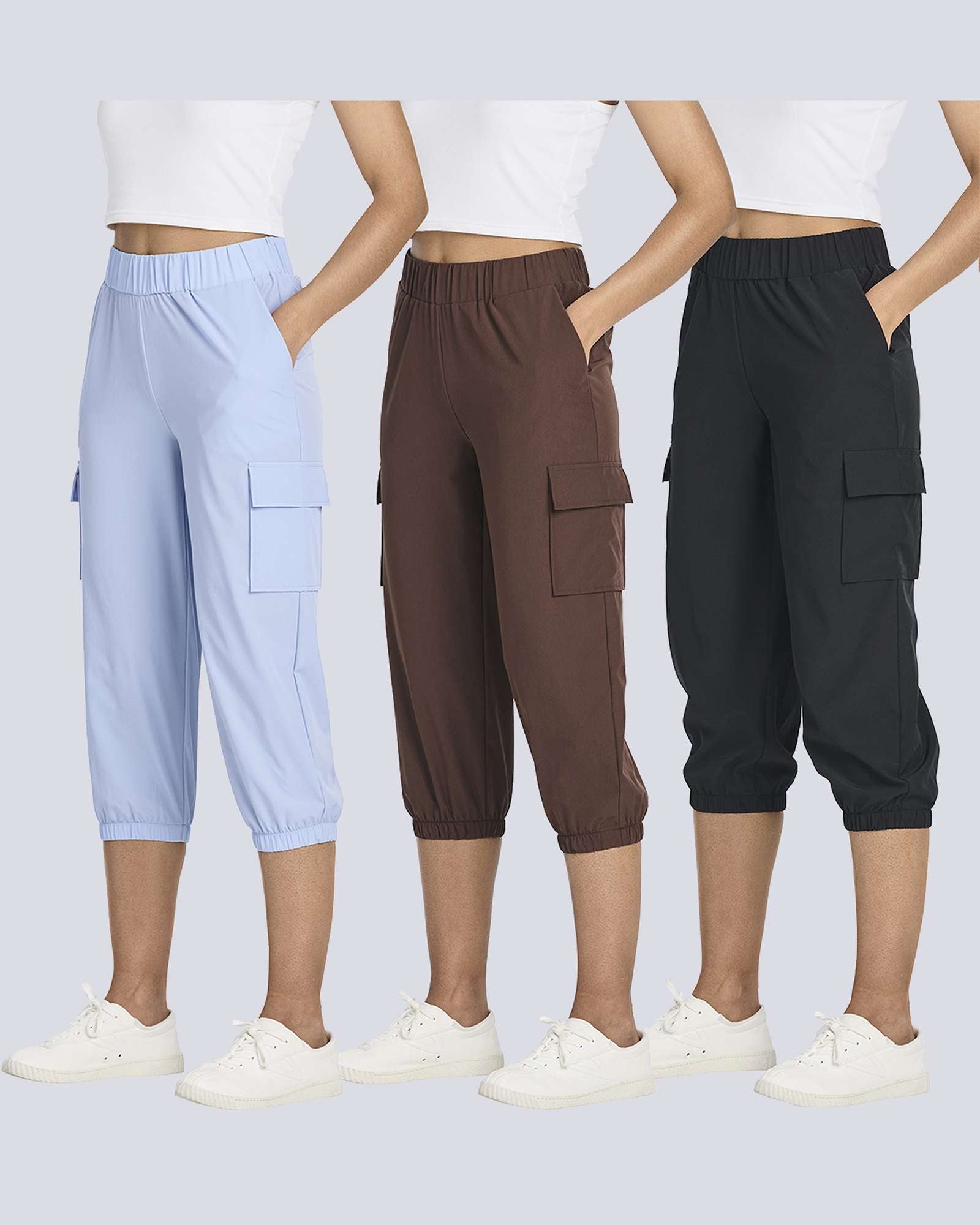3 Pack: Women's Woven Cargo Capri Jogger Pants