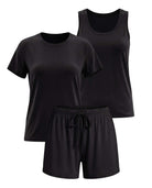 Real Essentials 3 Pack Women's Pajama Sets 3 Piece Crew Tee Tank Top Sleep Shorts Sleepwear - Solid Black