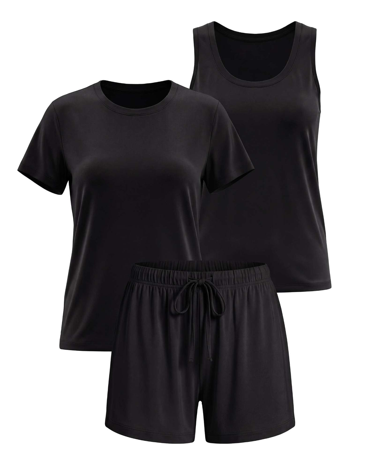 Real Essentials 3 Pack Women's Pajama Sets 3 Piece Crew Tee Tank Top Sleep Shorts Sleepwear - Solid Black