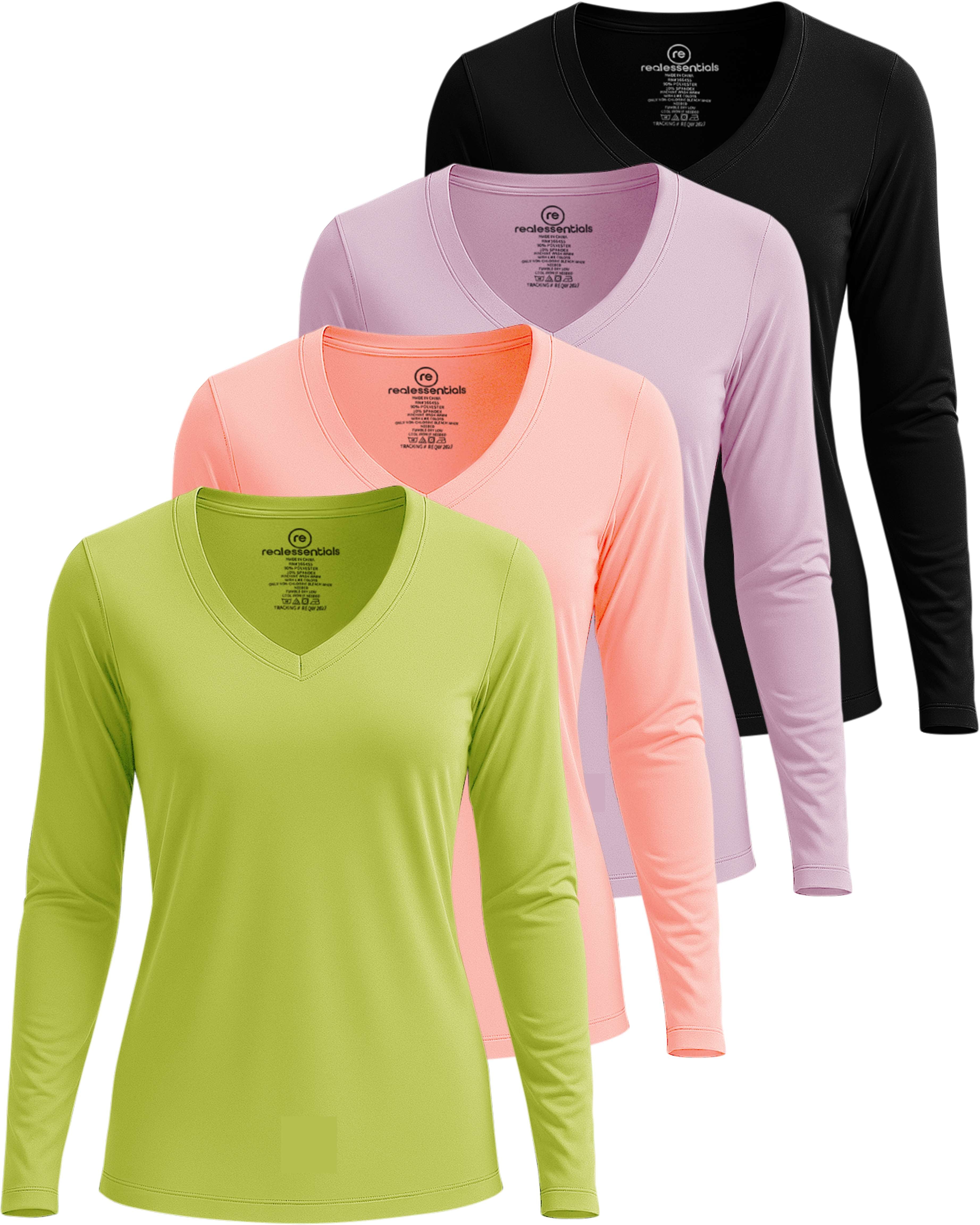 4 Pack: Women's Dry-Fit Long-Sleeve V-Neck Athletic Workout Shirt (Available in Plus Size)