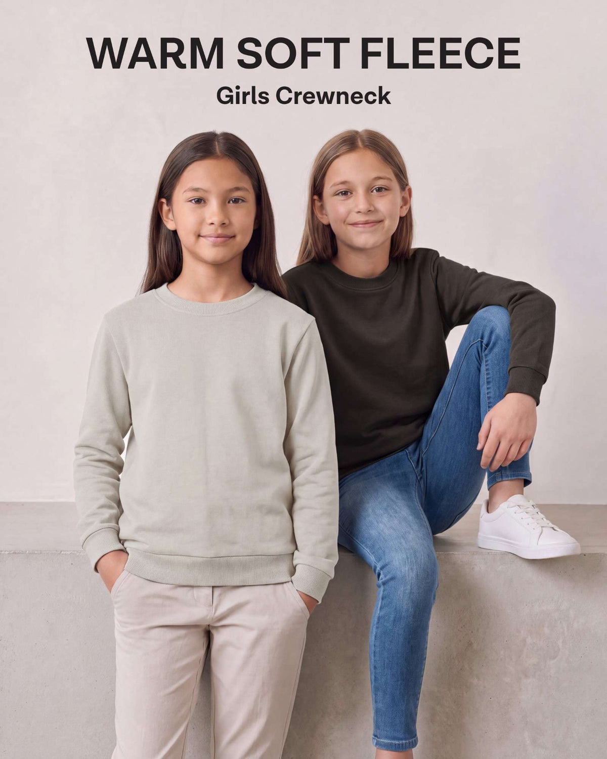 Real Essential 3 Pack Girls' Fleece Crewneck Sweatshirts Sweaters Kids Teens Pullover Tops - Solid Black, Solid Chocolate Torte, Solid Moonbeam