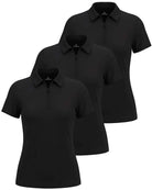 Real Essentials 3 Pack Women's Dry Fit Golf Polo Shirts with Zipper Short Sleeve Collared - Solid Black, Solid Black, Solid Black